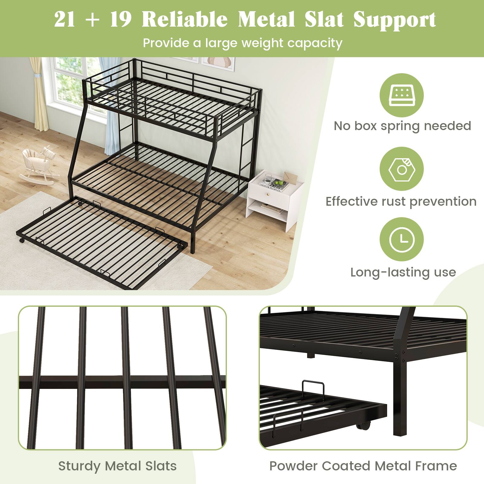 21 + 19 Reliable Metal Slat Support, Provide a large weight capacity, No box spring needed, Effective rust prevention, Long-lasting use, Sturdy Metal Slats, Powder Coated Metal Frame