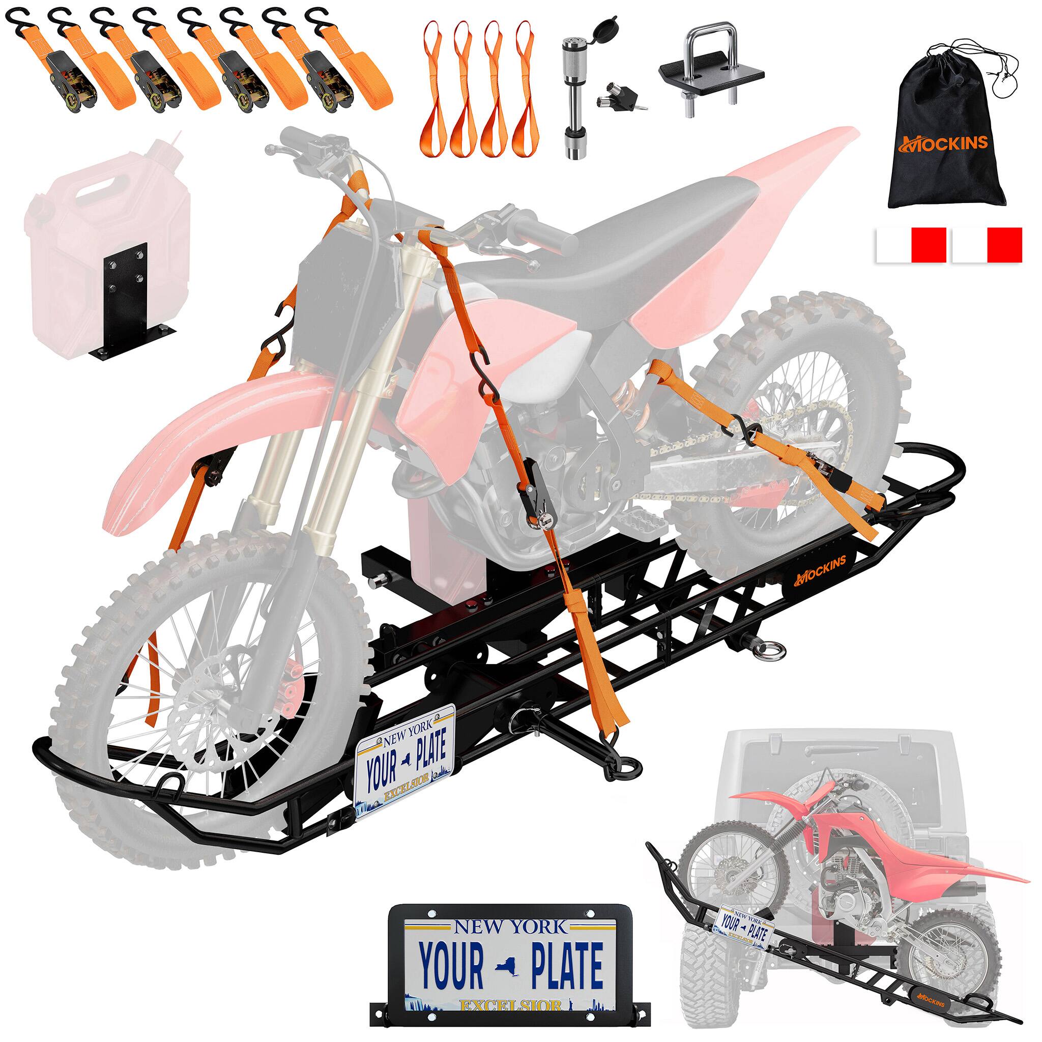 Mockins - 83 in. x 6 in. Dirt Bike Trailer Hitch Carrier with Tilting Loading Ramp, License Plate Bracket and Accessories