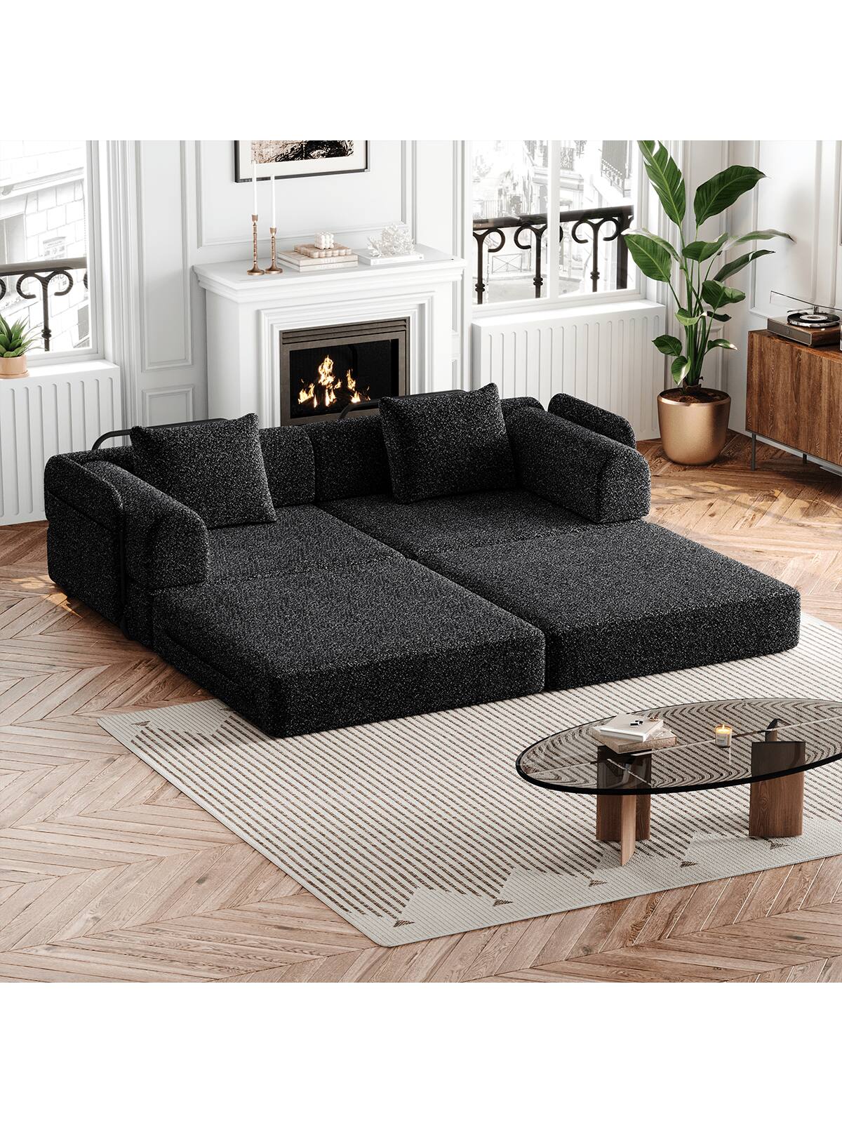 Back. Trinkets Crazed - Convertible Sofa Bed, 72.4"+ 72.4" Sectional Couch 4-Seater With Storage Pockets Modular Sleeper Couch - Black.