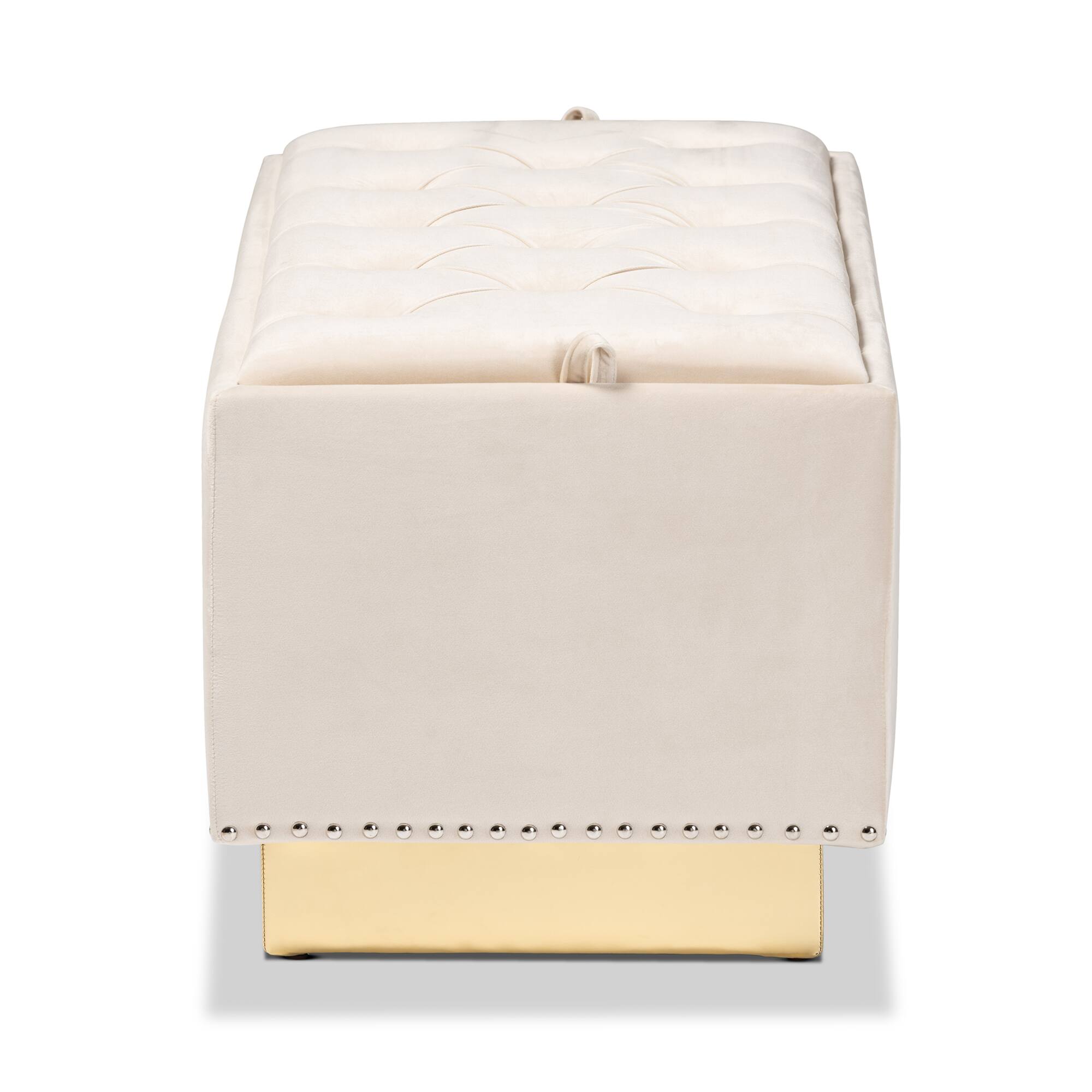 Back. Baxton Studio - Powell Glam and Luxe Velvet Fabric Upholstered and Gold PU Leather Storage Ottoman - Beige/gold.