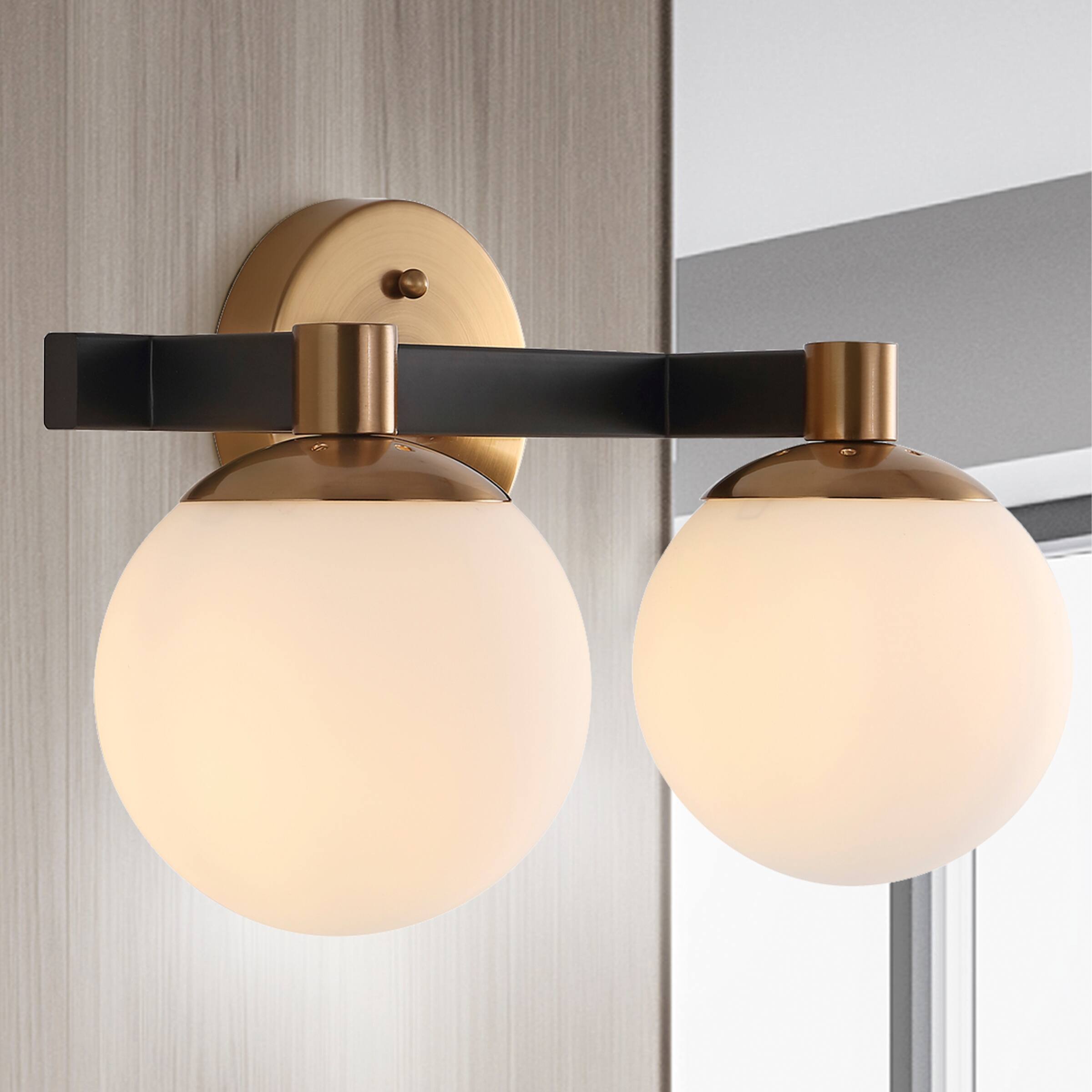 Alt View 1. Jonathan Y - Modernist Globe 15.25" 2-Light Metal/Frosted Glass Modern Contemporary LED Vanity, Brass Gold/Black - Brass Gold/Black.