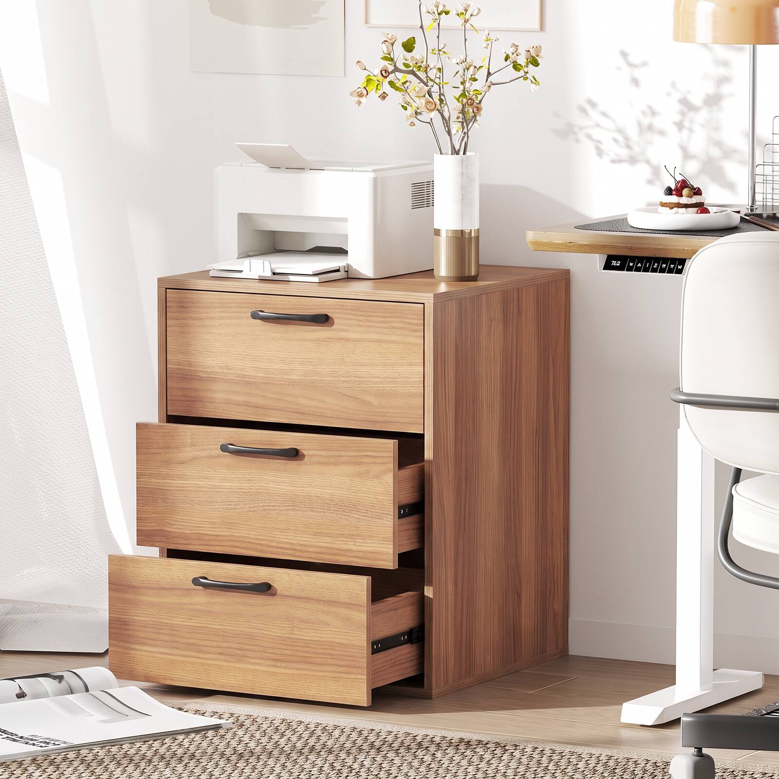 Alt View 4. Costway - Costway 2PCS 3 Drawer Dresser Chest of Drawer Storage Cabinet with Wide Storage Space - Walnut.