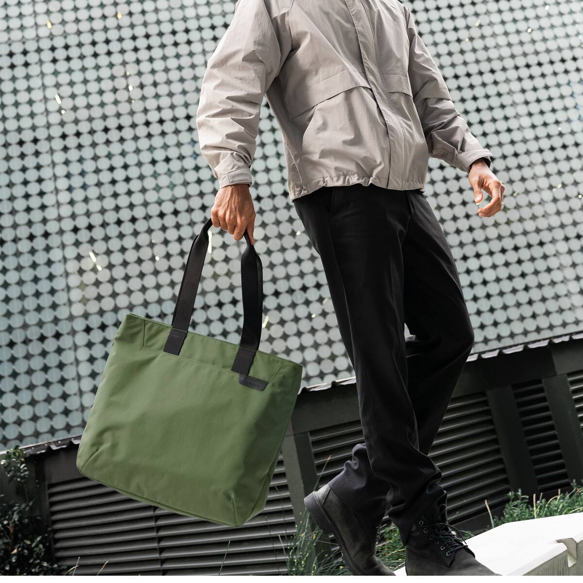 Left. ALPAKA - Tote Bag Minimalist EDC Travel Tote,14.5L , 2 Bottle Sleeves, Front/Back Slip Pockets, Magnetic Open-Top (No Zipper) - Green/G Axoflux 210D.