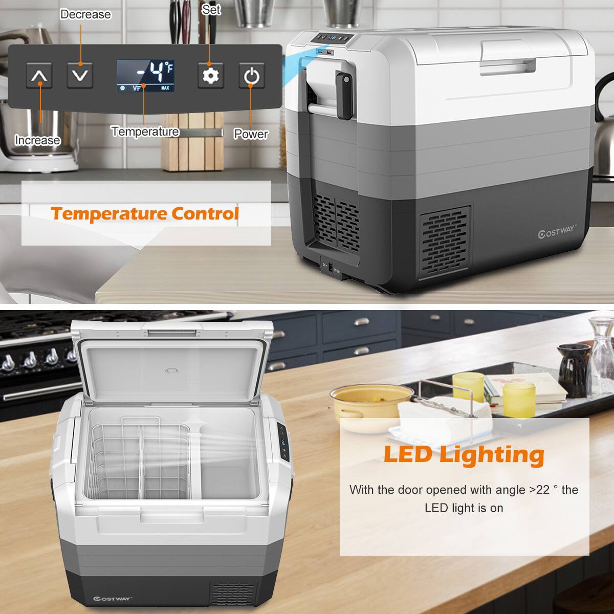 The image shows a kitchen scene with a refrigerator and a microwave. The refrigerator has its door open, and the microwave is placed above it. There is a table with various items on it, including a bowl, a cup, a bottle, and a spoon. The image also features a sink and an oven in the kitchen. The text on the image provides information about the refrigerator and its features, such as temperature control and LED lighting.
