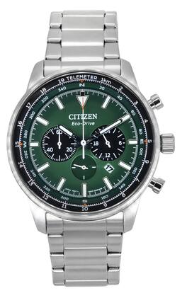 Citizen - Eco-Drive Chronograph Tachymeter Telemeter CA4500-91X Mens Watch Stainless Steel Green Dial 100M - Silver, Green