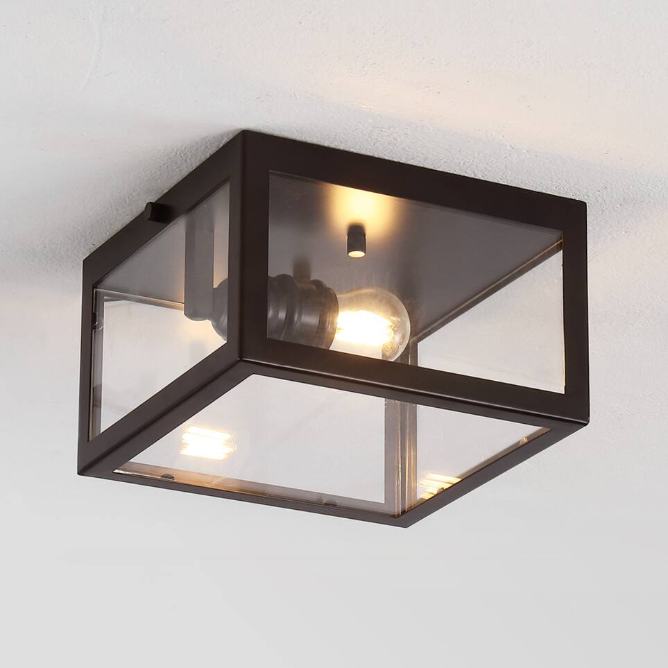 Alt View 1. Jonathan Y - Grayson 8" 1-Light Farmhouse Industrial Square Iron/Glass Case LED Flush Mount, Oil Rubbed Bronze - Oil Rubbed Bronze.