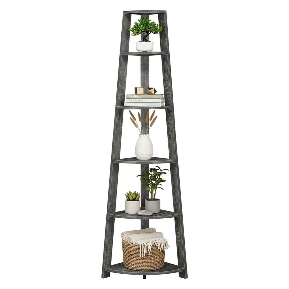 Angle. FurniFact - Weathered Gray 5-Tier Corner Bookshelf with Contemporary Design - Weathered Gray.