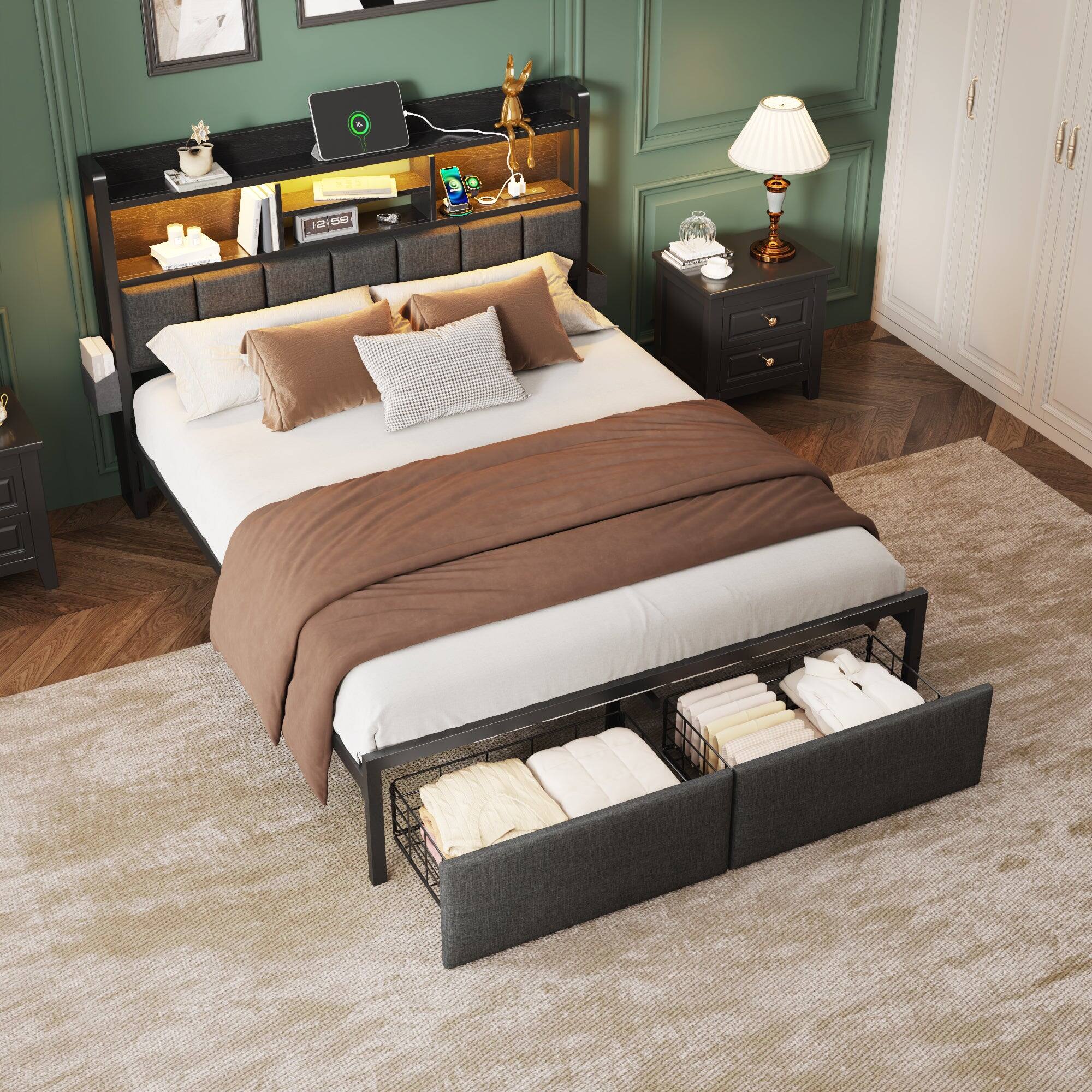 Left. Furnulem - Upholstered Bed Frame with 2 Storage Drawers Modern Platform Bed with Charging Station & LED Light - Black.