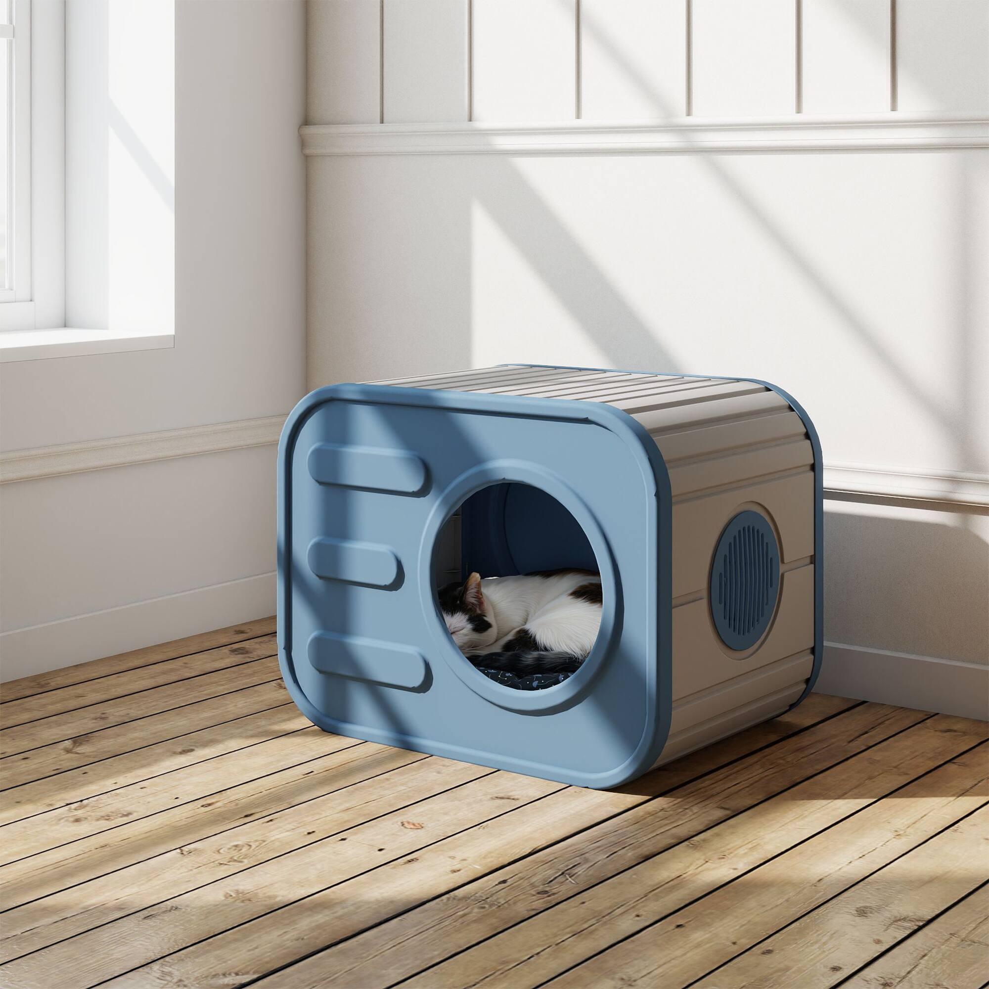 Angle. Decksplore - Camera-Shaped Cat House, Waterproof Resin Indoor/Outdoor Cat Bed.