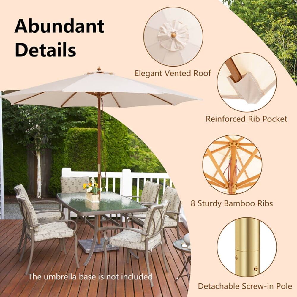 Abundant Details

- Elegant Vented Roof
- Reinforced Rib Pocket
- 8 Sturdy Bamboo Ribs
- Detachable Screw-in Pole

The umbrella base is not included
