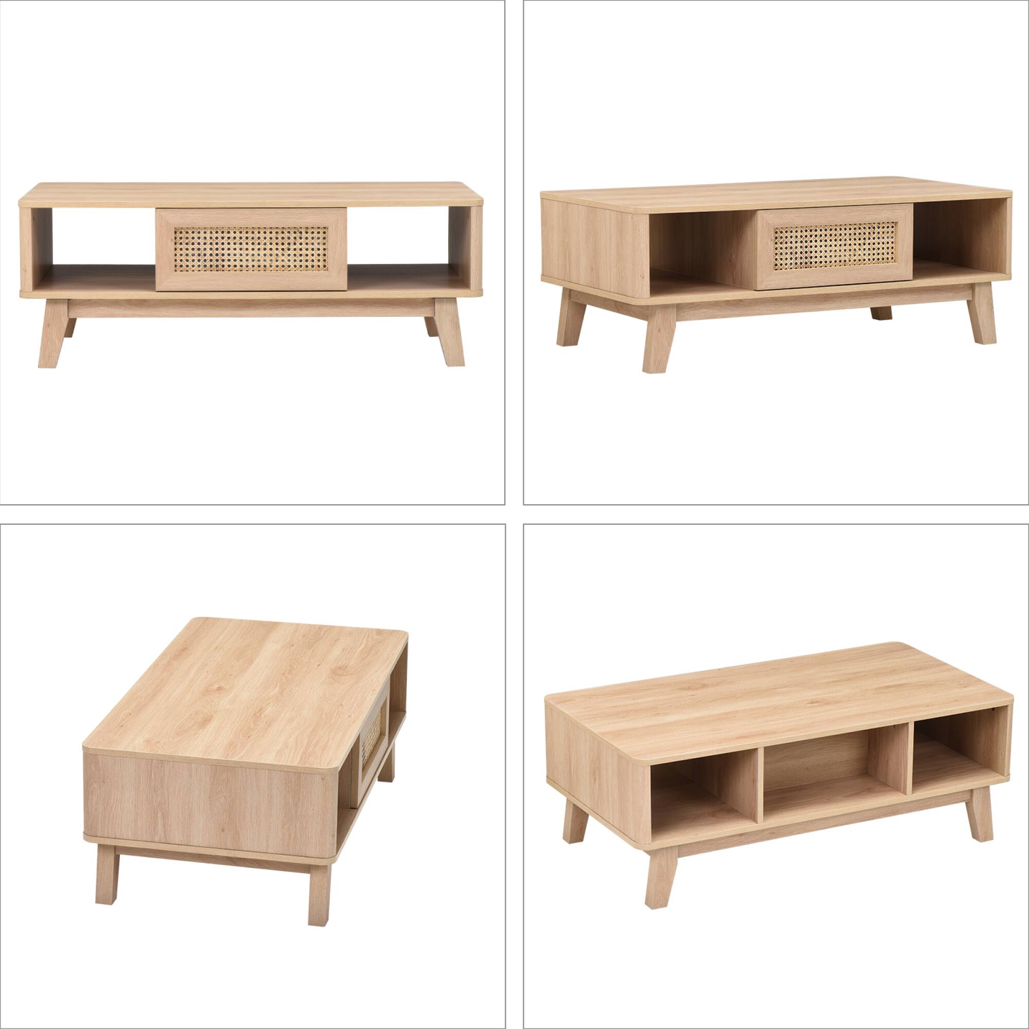 Angle. GOODSILO - Mid Century Modern Storage Coffee Table with Rattan Drawer and Solid Wood Legs for Living Room Furniture - Natural.