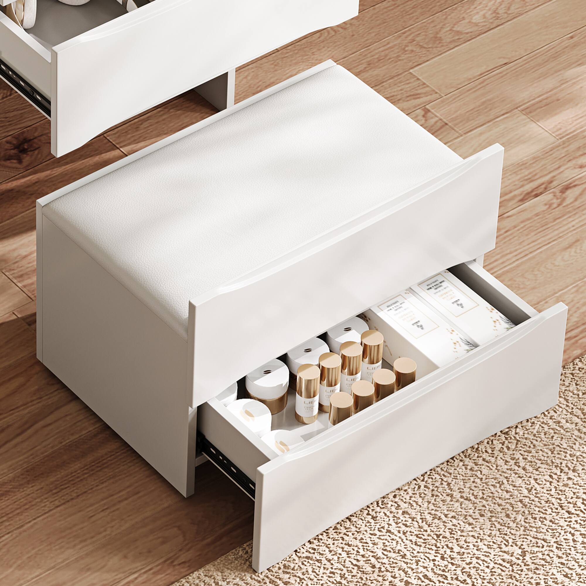 Back. GOODSILO - Versatile 3-in-1 Vanity Table with LED Mirror and Storage Stool Makeup Dressing Organizer Furniture - White.