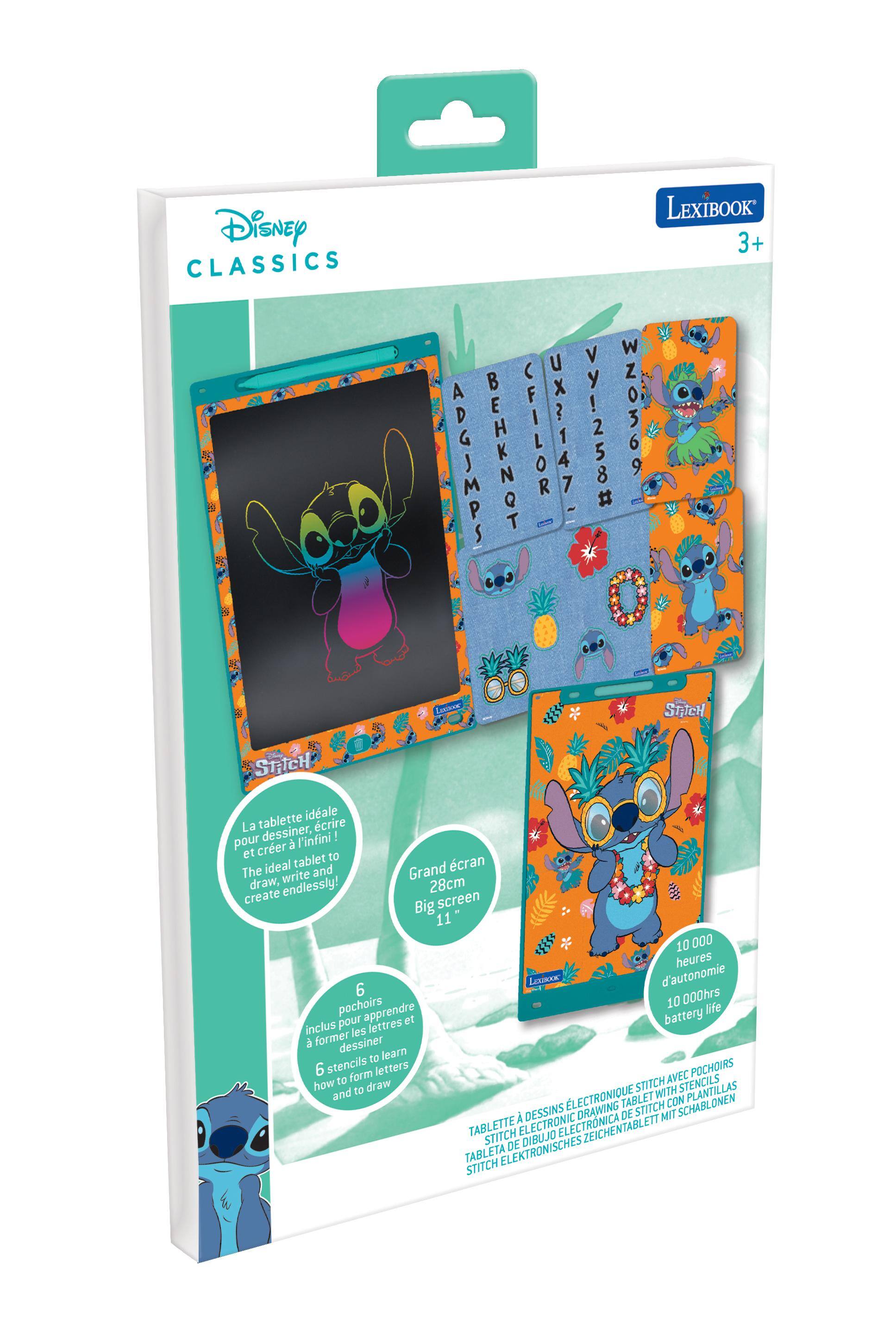 Disney CLASSICS  
LEXIBOOK 3+  
ADGJMPS BEHKNOT (FILOR UX~147 Vy!258# COMICS  
Stitch  
Stitch  
La tablette idéale pour dessiner, écrire et créer à l'infini!  
The ideal tablet to write and draw endlessly!  
28cm Big screen 11"  
10 000 heures d'autonomie  
10 000hrs battery life  
6 pochoirs inclus pour apprendre à former les lettres et dessiner  
6 stencils to learn how to form letters and to draw  
TABLETTE À DESSINS ÉLECTRONIQUE STITCH AVEC POCHOIRS  
ELECTRONIC DRAWING TABLET WITH STENCILS  
TABLETA DE DIBUJO ELECTRÓNICA STITCH CON PLANTILLAS  
STITCH ELEKTRONISCHE ZEICHENTABLETT MIT SCHABLONEN