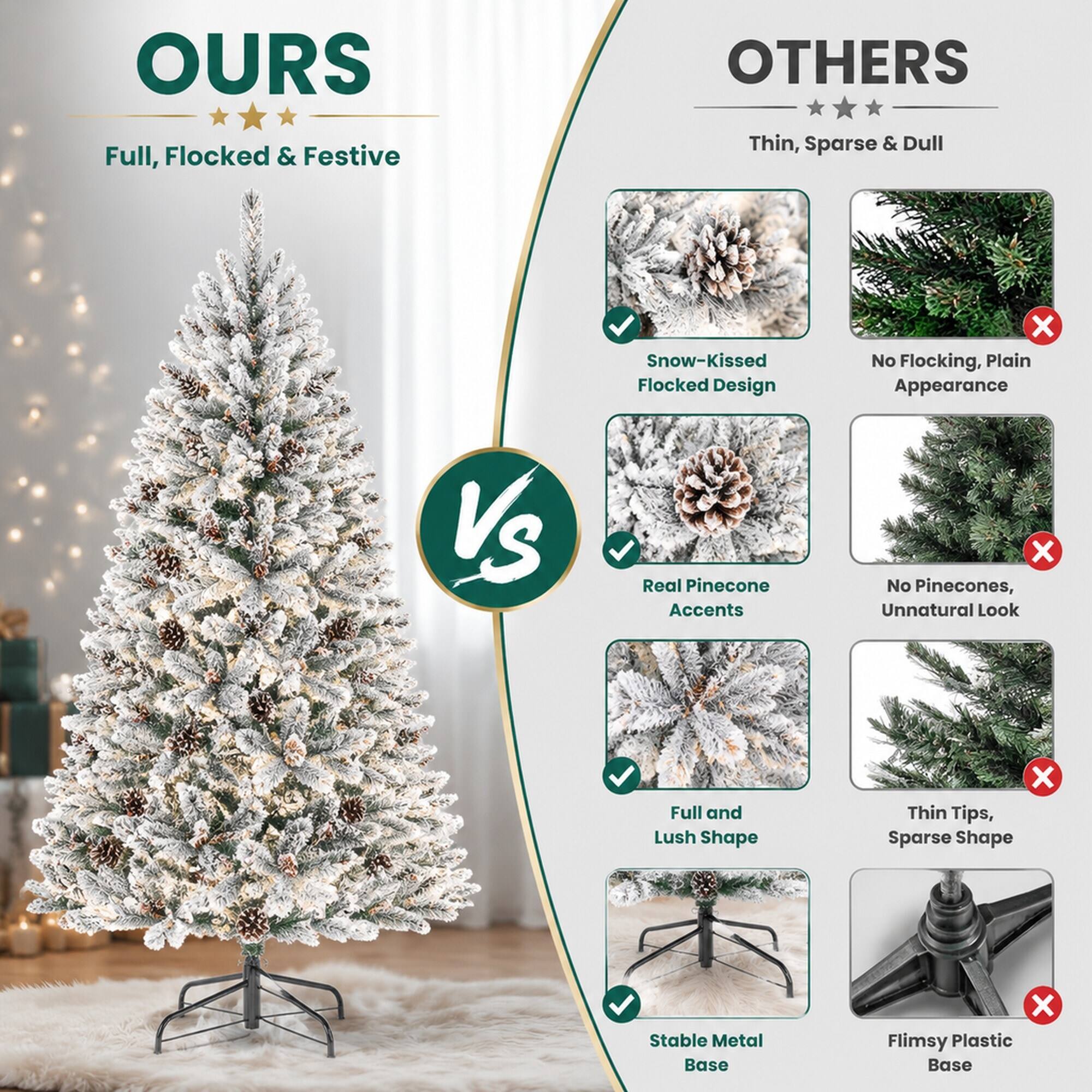 OURS  
Full, Flocked & Festive

OTHERS  
Thin, Sparse & Dull

Vs

Snow-Kissed Flocked Design  
Real Pinecone Accents  
Full and Lush Shape  
Stable Metal Base

No Flocking, Plain Appearance  
No Pinecones, Unnatural Look  
Thin Tips, Sparse Shape  
Flimsy Plastic Base