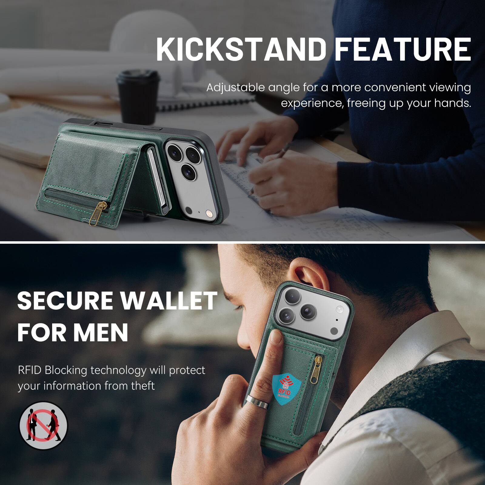 KICKSTAND FEATURE  
Adjustable angle for a more convenient viewing experience, freeing up your hands.  

SECURE WALLET FOR MEN  
RFID Blocking technology will protect your information from theft