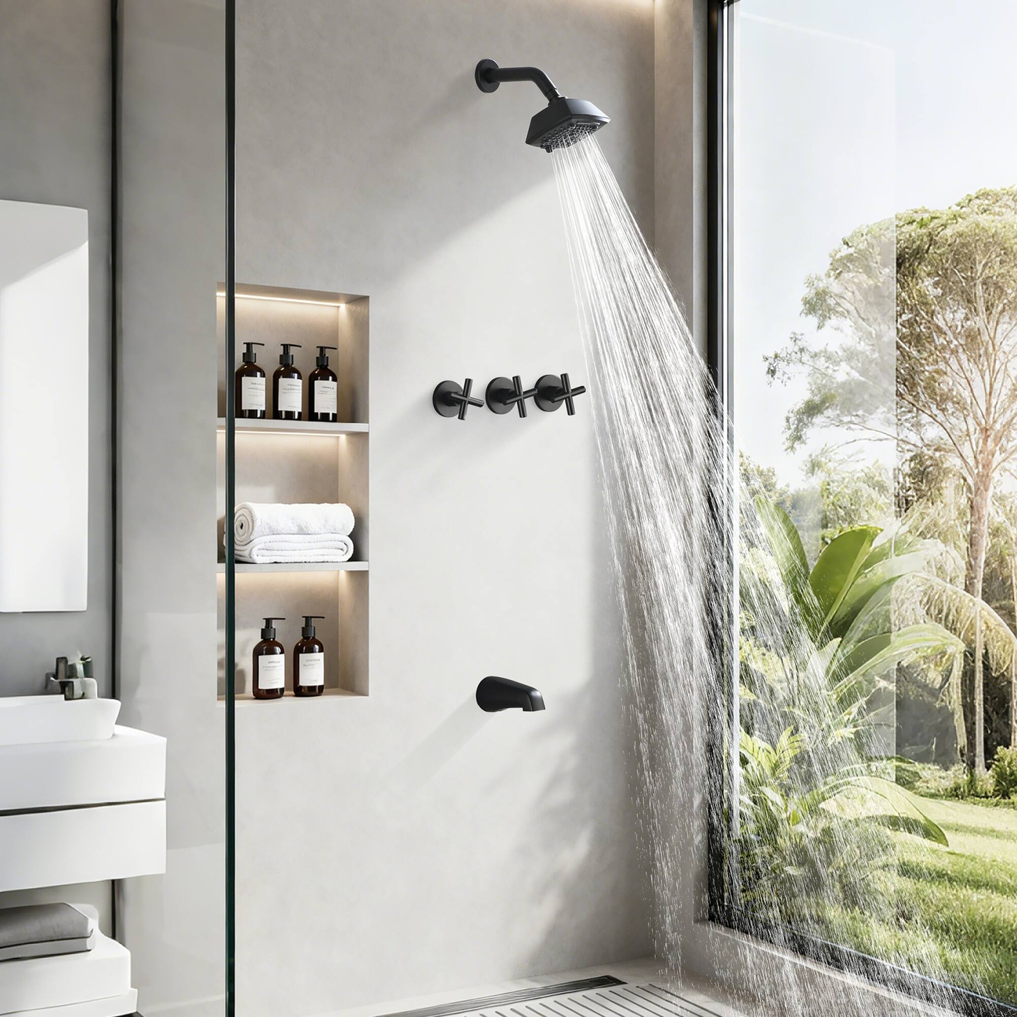 Alt View 2. Boyel Living - Matte Black Tub and Shower Set Brass SUS304 Three Handle 5-Function Top Spray High-Flow - Matte Black.