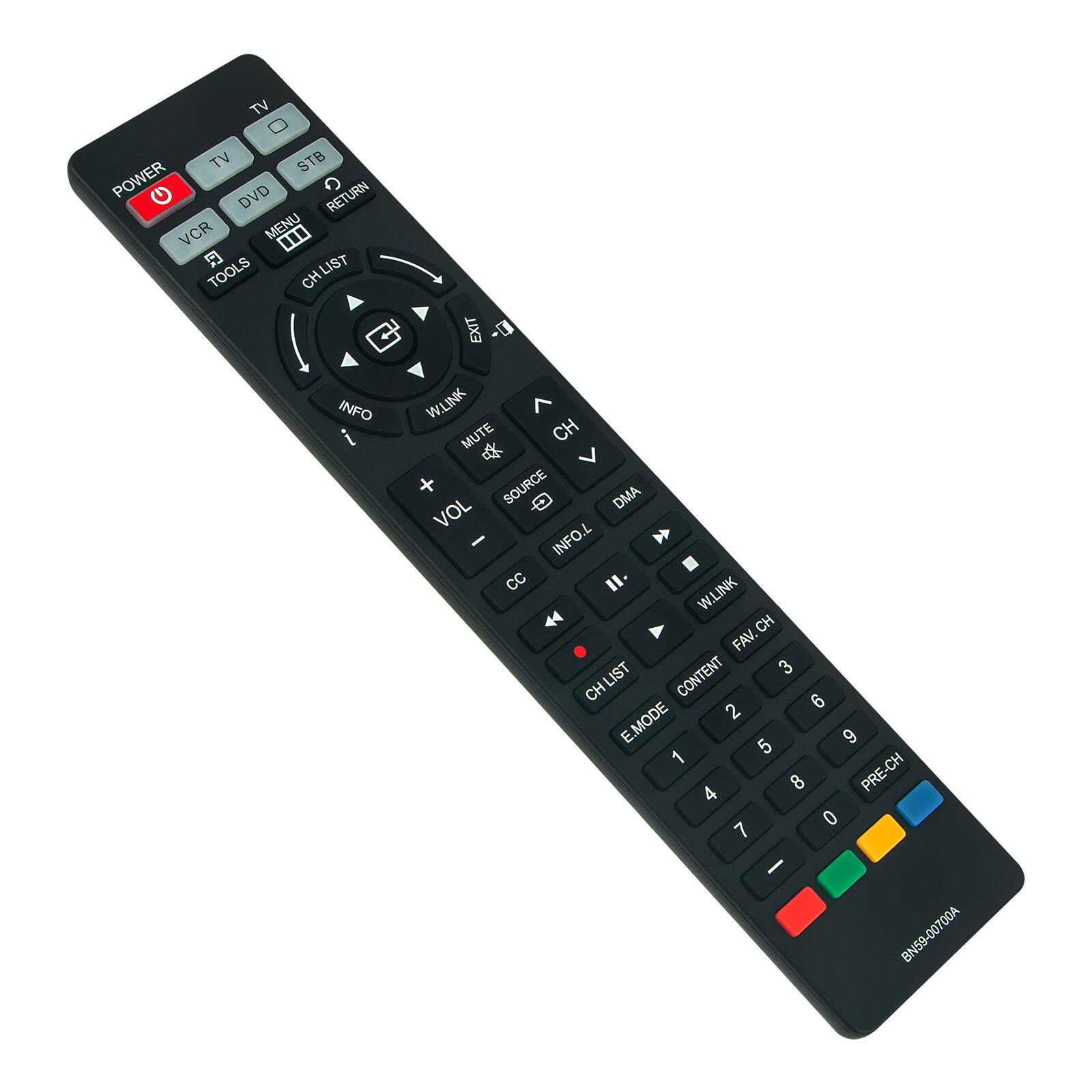 TV TV STB POWER DVD RETURN VCR MENU TOOLS CHLIST EXIT 7- INFO W.LINK MUTE CH SOURCE DMA VOL INFO.L cc W.LINK CH FAV CONTENT 3 CH LIST CH 6 2 E.MODE 9 5 1 8 PRE-CH 4 0 7 I BN59-00700A