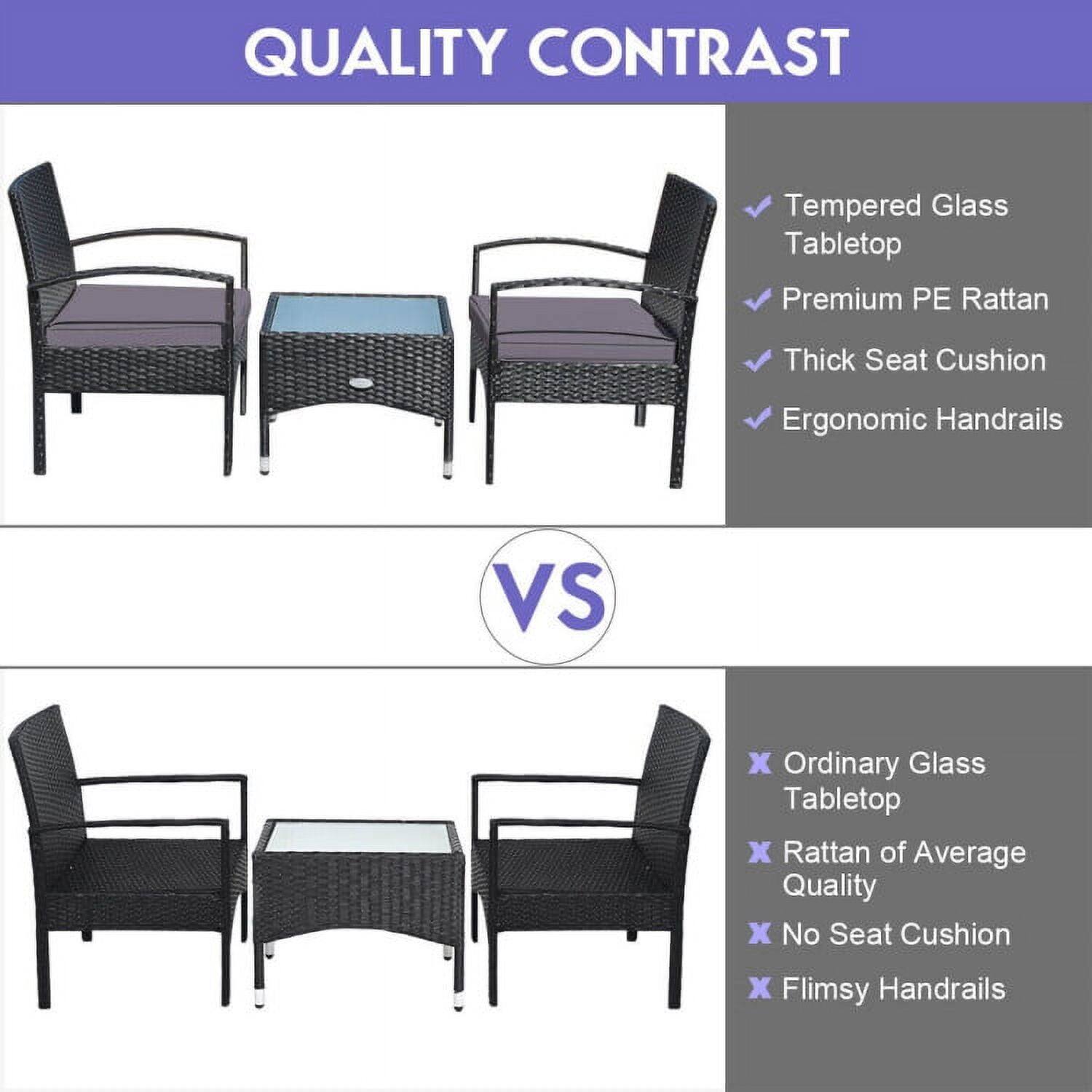 QUALITY CONTRAST

Tempered Glass Tabletop  
Premium PE Rattan  
Thick Seat Cushion  
Ergonomic Handrails  

VS  

Ordinary Glass Tabletop  
Rattan of Average Quality  
No Seat Cushion  
Flimsy Handrails