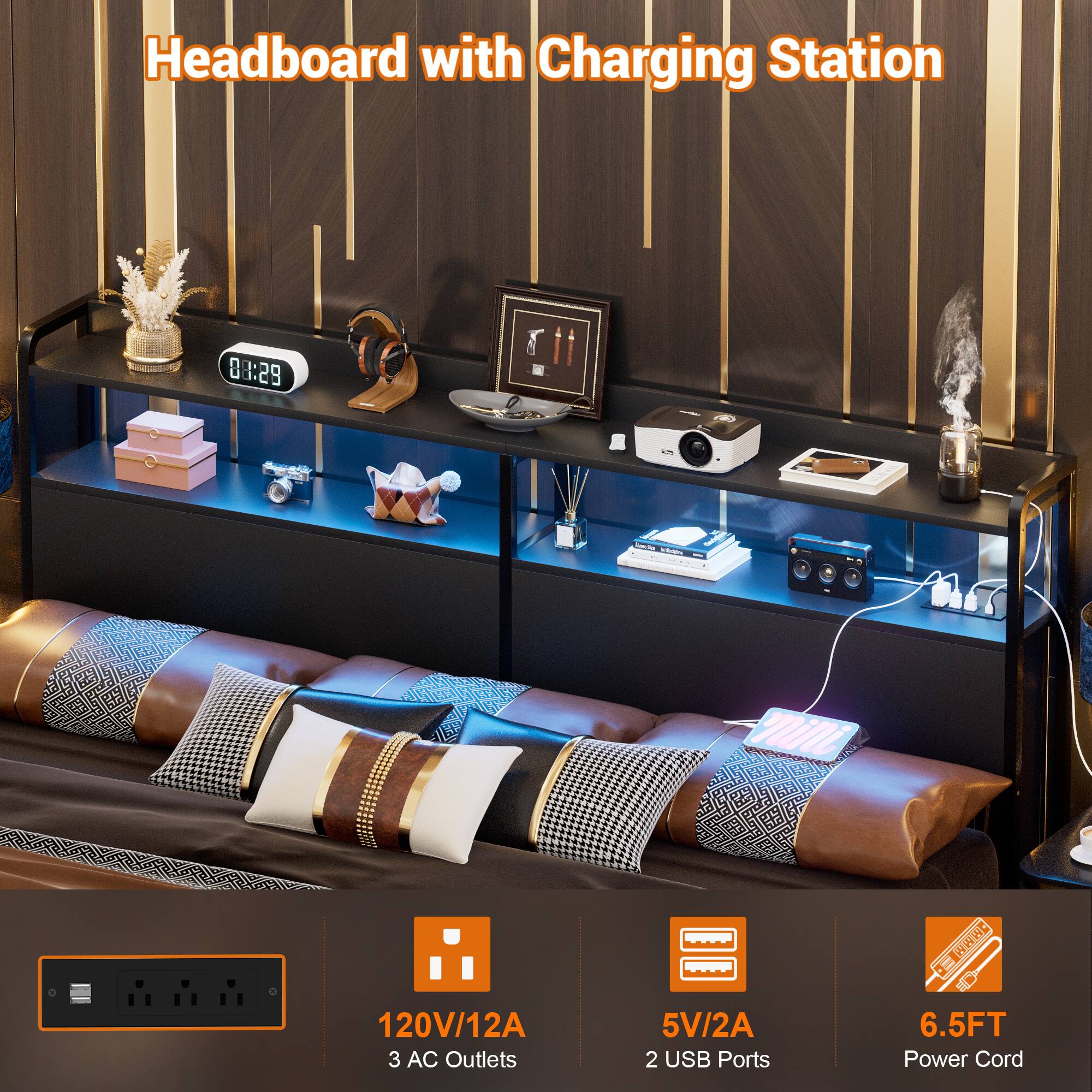 Headboard with Charging Station

- 120V/12A
- 3 AC Outlets
- 5V/2A 2 USB Ports
- 6.5FT Power Cord