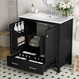 JUJABU - 30" Bathroom Vanity with Ceramic Sink and Drawer - Black