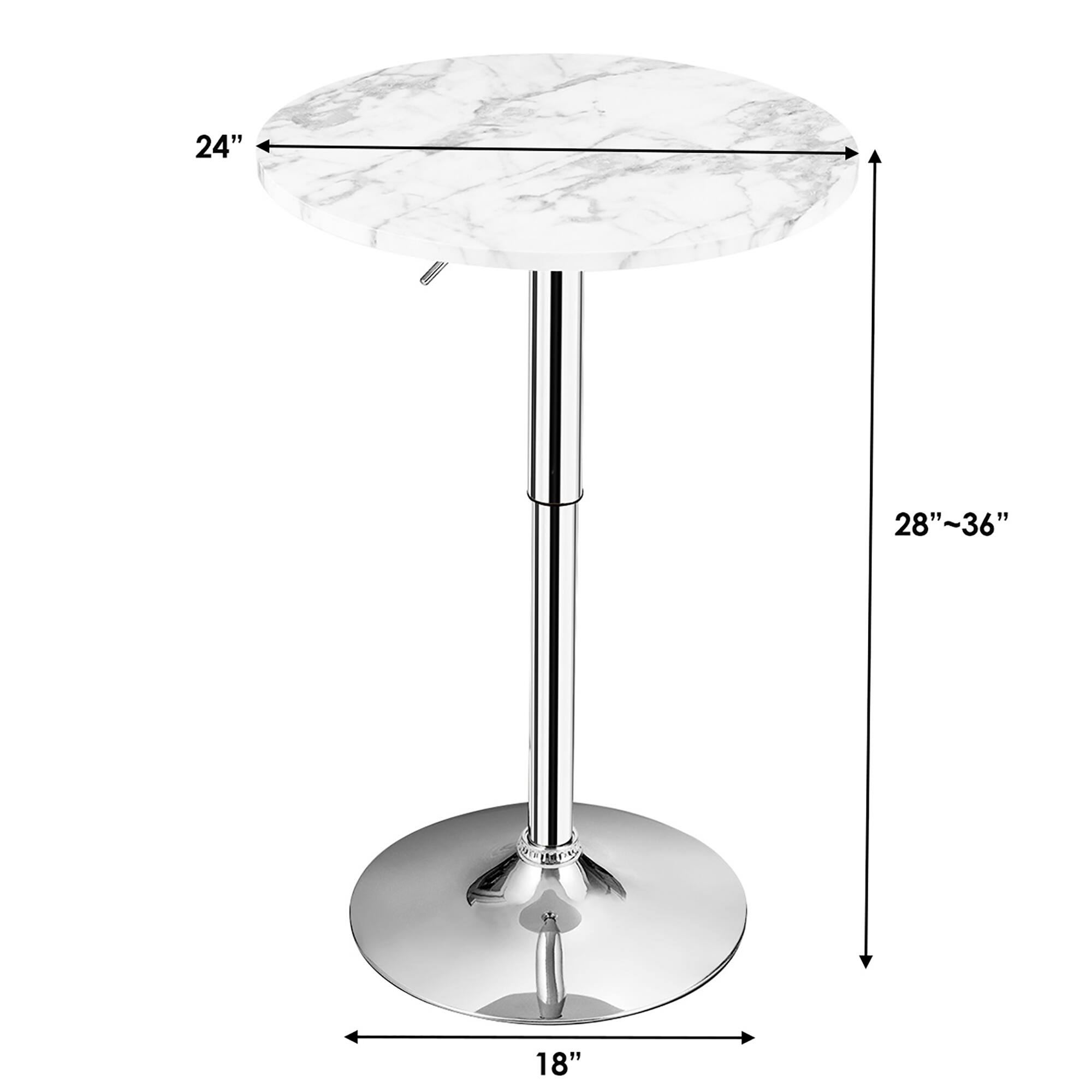 The image features a white marble table with a silver metal base. The table is accompanied by a silver metal stool, which has a height of 24 inches. The stool is designed to be used with the table, providing a comfortable and stylish seating option.