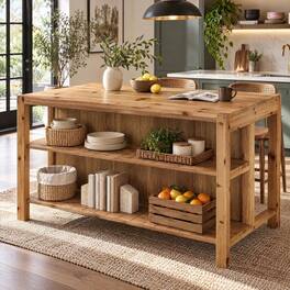 Tribesigns - 59" Solid Wood Kitchen Island with 2 Open Storage Shelves - Brown