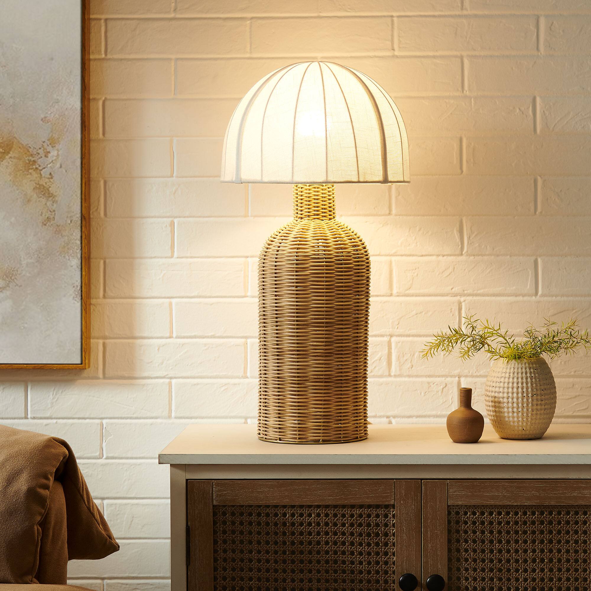 Alt View 1. Modway - Santo Rattan Table Lamp With Dome Shade by Modway - White Natural.