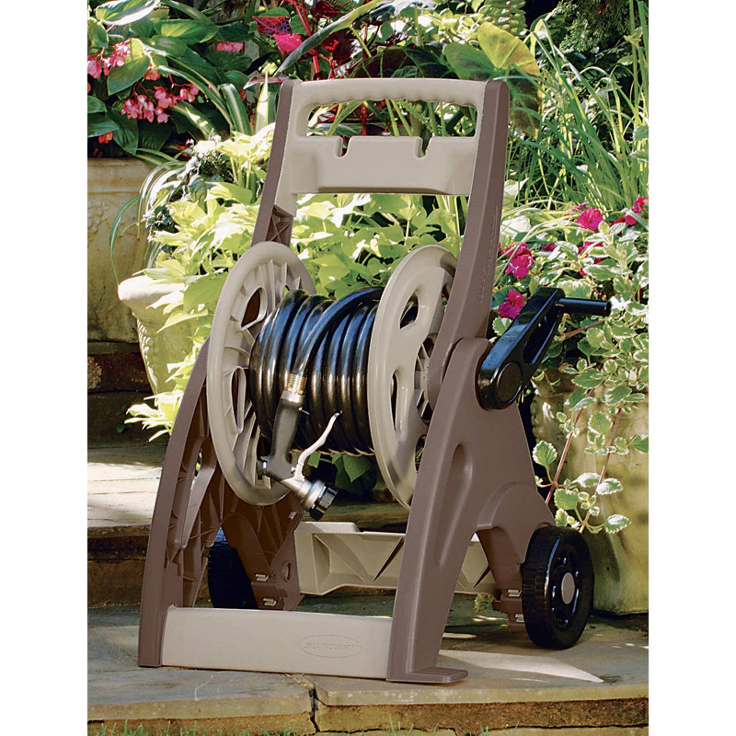 Left. Suncast - Suncast Hosemobile 175 ft. Beige Retractable Wheeled Hose Reel Cart.