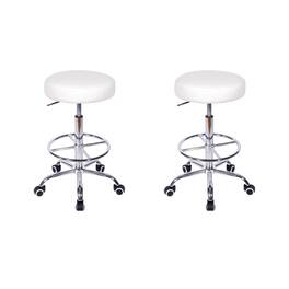 Vecelo - Set Of 2 Adjustable Height Swivel Stool with Footrest - PU Leather Rolling Stool Salon Stools,330lb Capacity - White