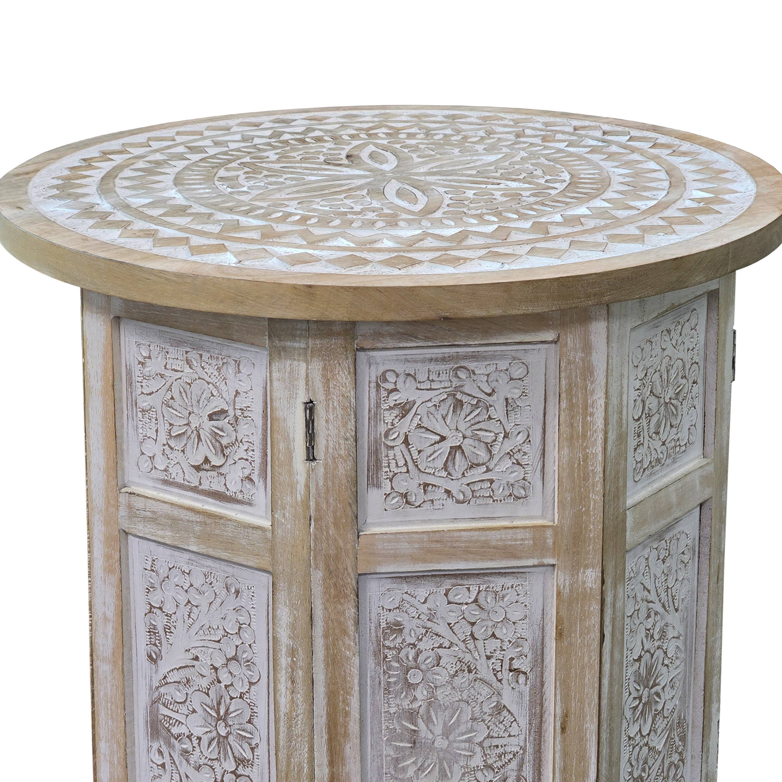 Angle. Manhattan Lane - Accent Side Table, Mango Wood 18 Inch Round Top, Hand Carved Inlay Mandala Design - Washed White.