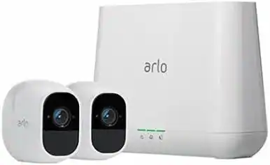 The text on the image reads:
- "arlo" (on the camera and the base station)
- "POWER" (on the base station)