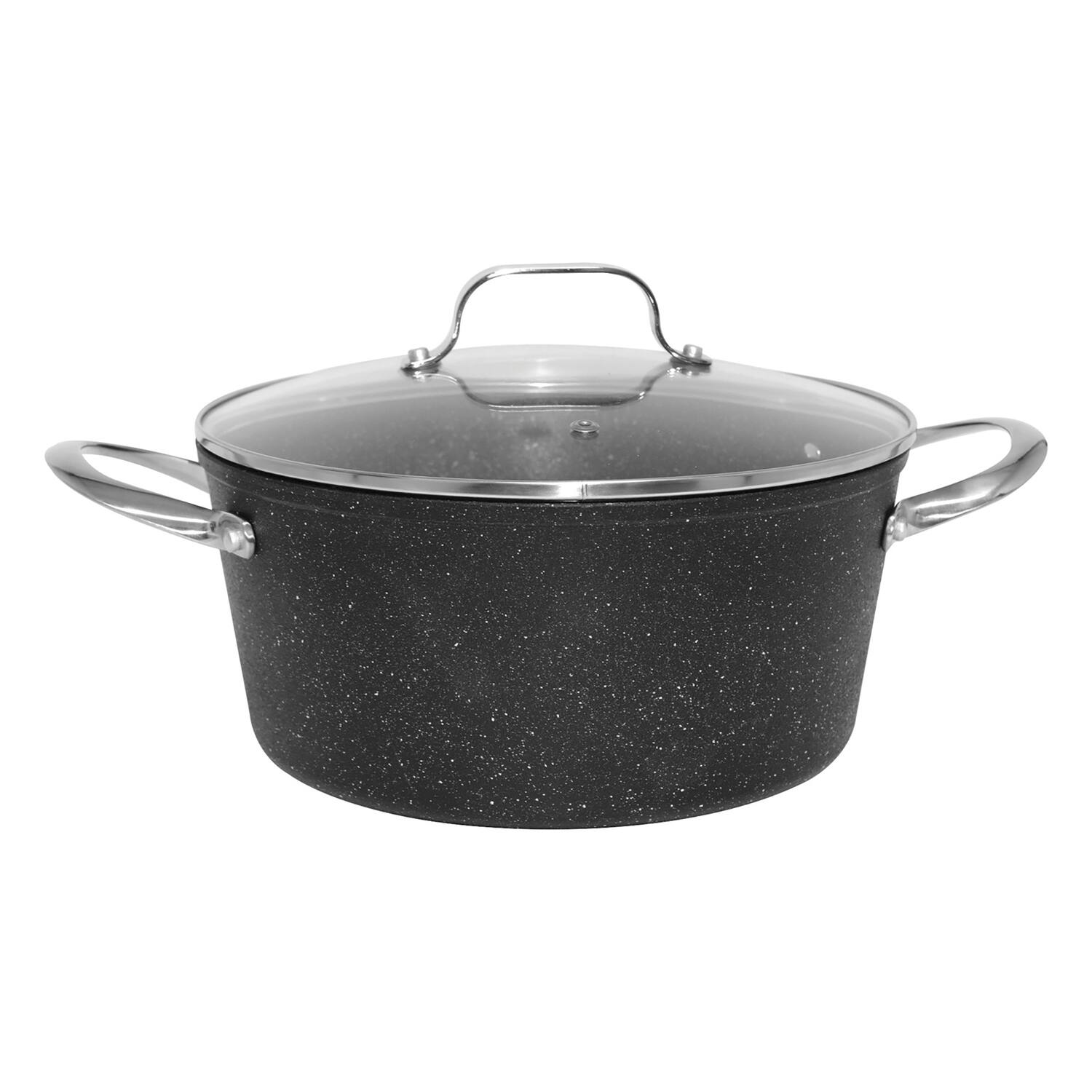 Angle. THE ROCK by Starfrit - 6-Quart Stockpot Casserole with Glass Lid, Stainless Steel Handles - Black.