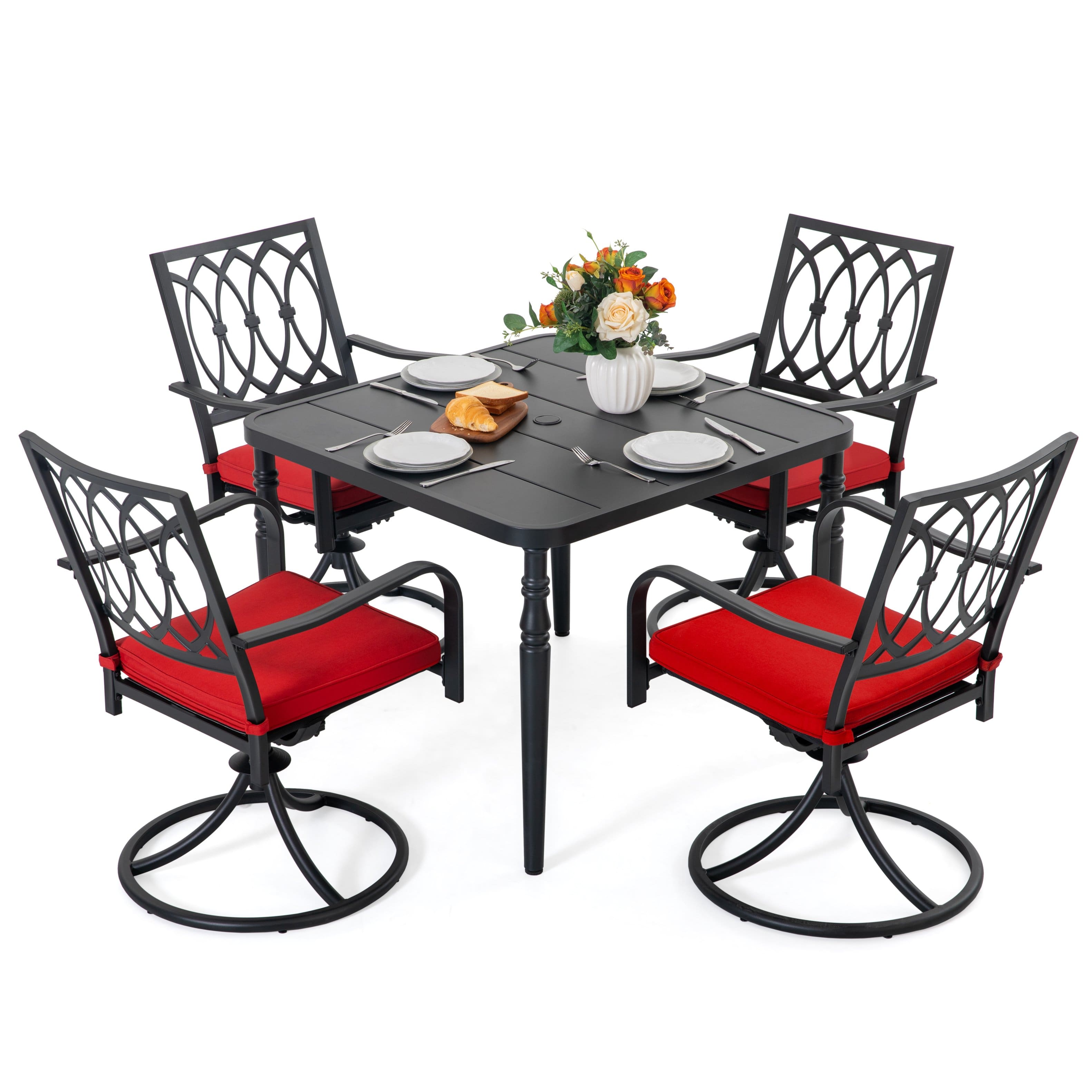 Nuu Garden - 5PCS Metal Patio Dining Set with Umbrella Hole, Swivel Chairs with Cushions - Black and Red