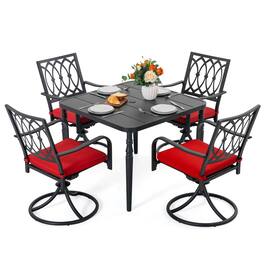 Nuu Garden - 5PCS Metal Patio Dining Set with Umbrella Hole, Swivel Chairs with Cushions - Black and Red