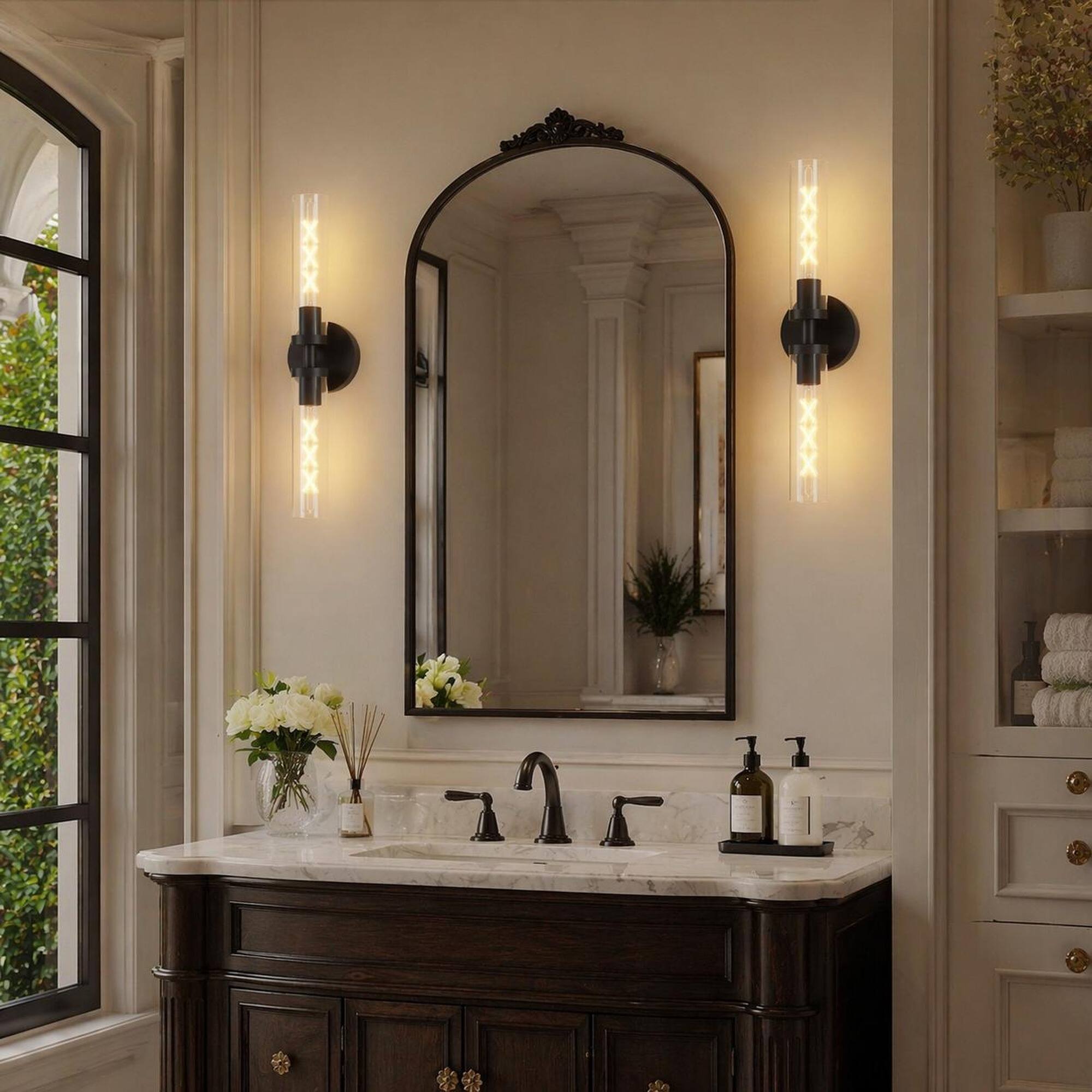 Left. RYHNUYNE - Pair of Hardwired Matte Black Wall Sconces with Clear Glass Shades for Bathroom Vanity, Hallway, and Bedroom Lighting.