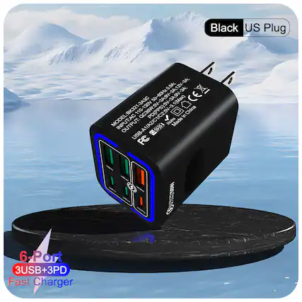 Black US Plug - 0.5A, 12V, 50-60Hz, 3A, 9V, 3A, 50~130V, 110-130V, PD(PPS): 5V-3A, MODEL: BK321, China, OUTPUT: USB-A1/A2/C1/C2: 5V-3A, 6-Port 3USB+3PD Fast Charger, Made in China, RoHS, FC, CS50W