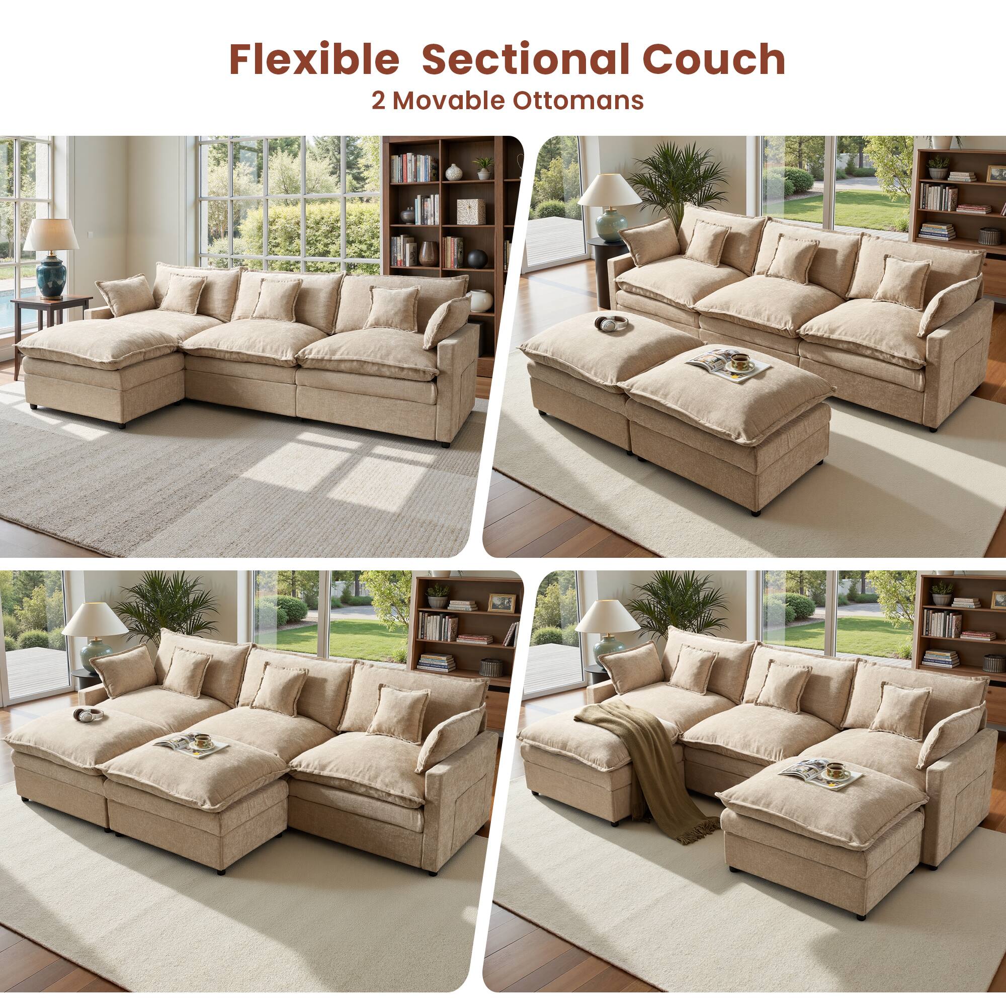 Flexible Sectional Couch  
2 Movable Ottomans