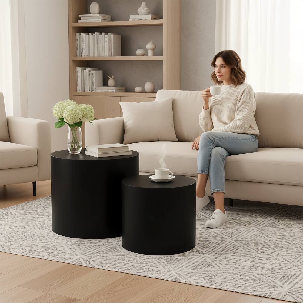 Alt View 2. Loheer - Loheer Nesting Coffee Table Set of 2 Modern Round Wood Side Table No Assembly Matte Black - Black.