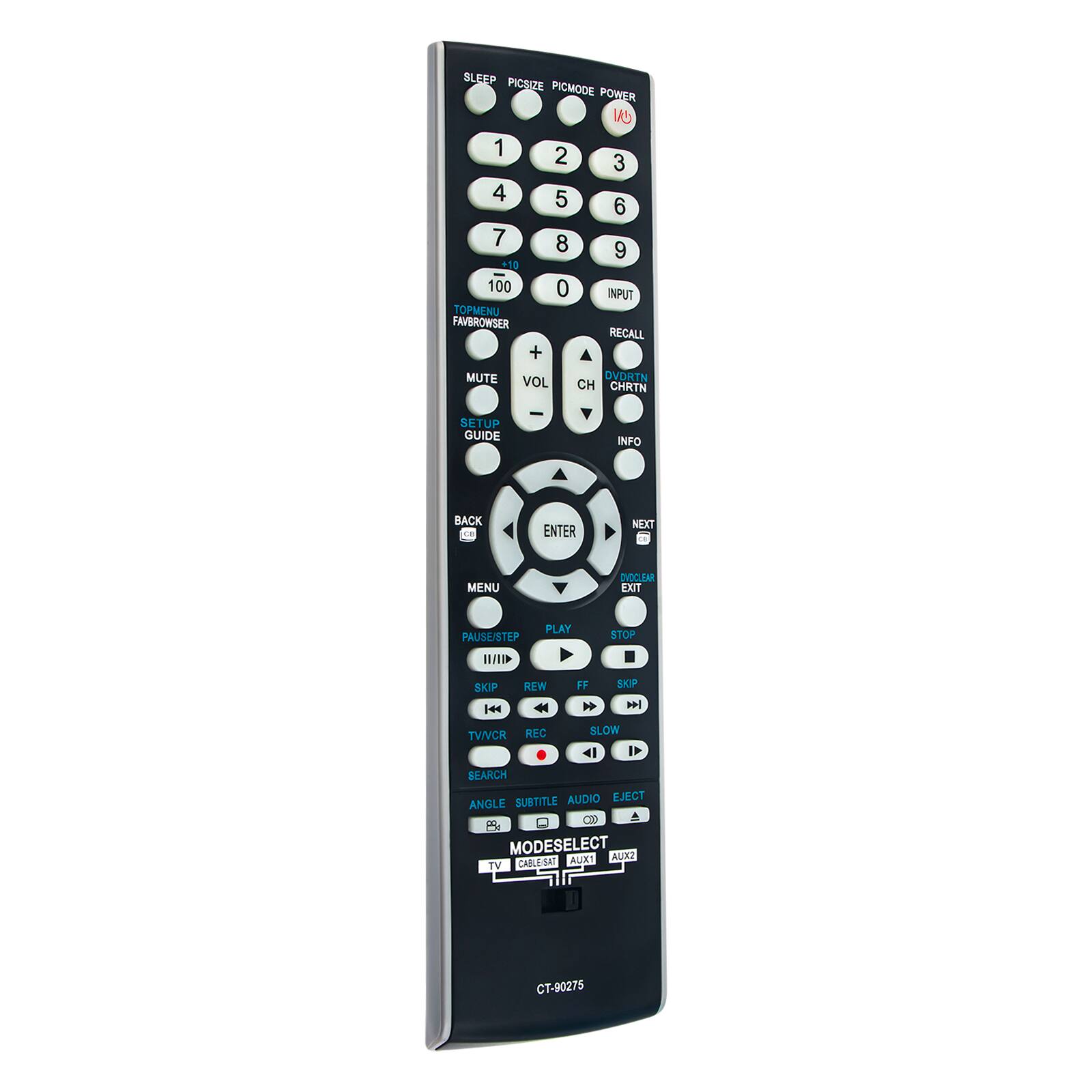 SLEEP PICSIZE PICMODE POWER 1 2 3 4 5 6 7 8 9 +53 100 0 INPUT TOPMENU FAVBROWSER RECALL + MUTE VOL DVDRTN CH CHRTN SETUP GUIDE INFO BACK FB ENTER NEXT MENU DVOOLEAR EXIT PAUSE/STEP PLAY STOP /D SKIP 144 REW % FF  SKPP D TVCR REG SLOW 41 I SEARCH SUBTITLE AUDIO EJECT ANGLE B A  MODESELECT AUXT AURZ TV CRALE-BAT CT-90275