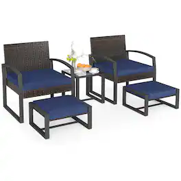 Costway - Outdoor Furniture Set, Patio Rattan Conversation Set for Balcony,Porch, Backyard - Mix Brown+Navy Blue