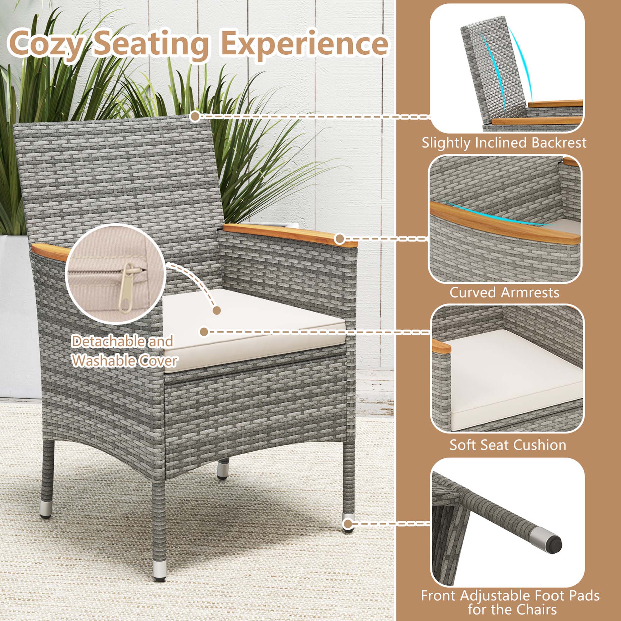 Cozy Seating Experience: Slightly Inclined Backrest, Curved Armrests, Detachable and Washable Cover, Soft Seat Cushion, Front Adjustable Foot Pads for the Chairs.