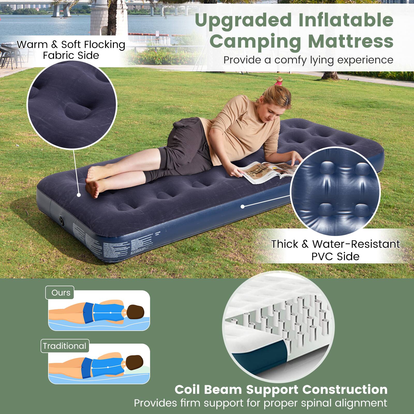 The text on the image is grouped and corrected as follows:

Warm & Soft Flocking Fabric Side Upgraded Inflatable Camping Mattress Provide a comfy lying experience Thick & Water-Resistant PVC Side Ours Traditional Coil Beam Support Construction Provides firm support for proper spinal alignment
