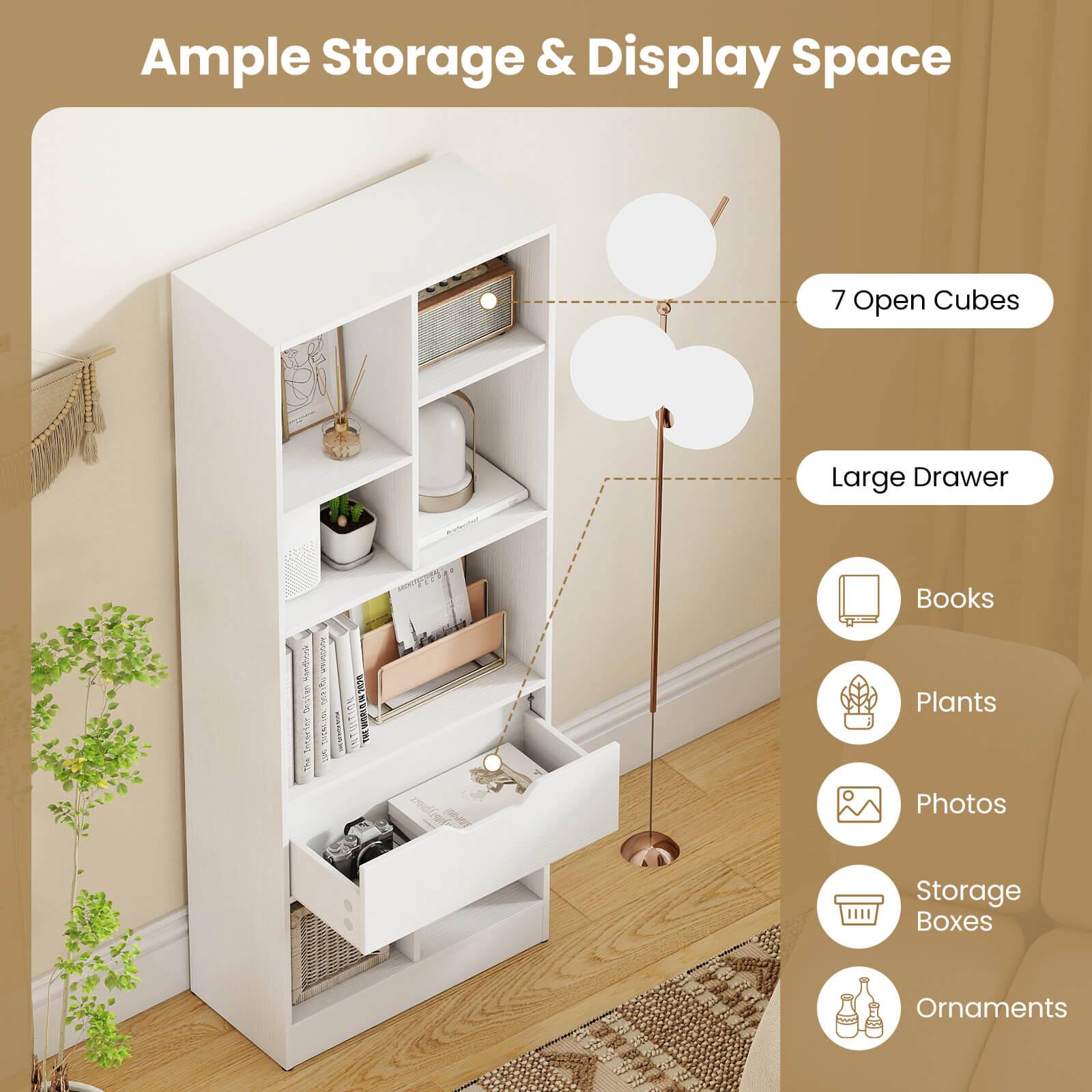 Ample Storage & Display Space

7 Open Cubes  
Large Drawer

Books  
Plants  
Photos  
Storage Boxes  
Ornaments