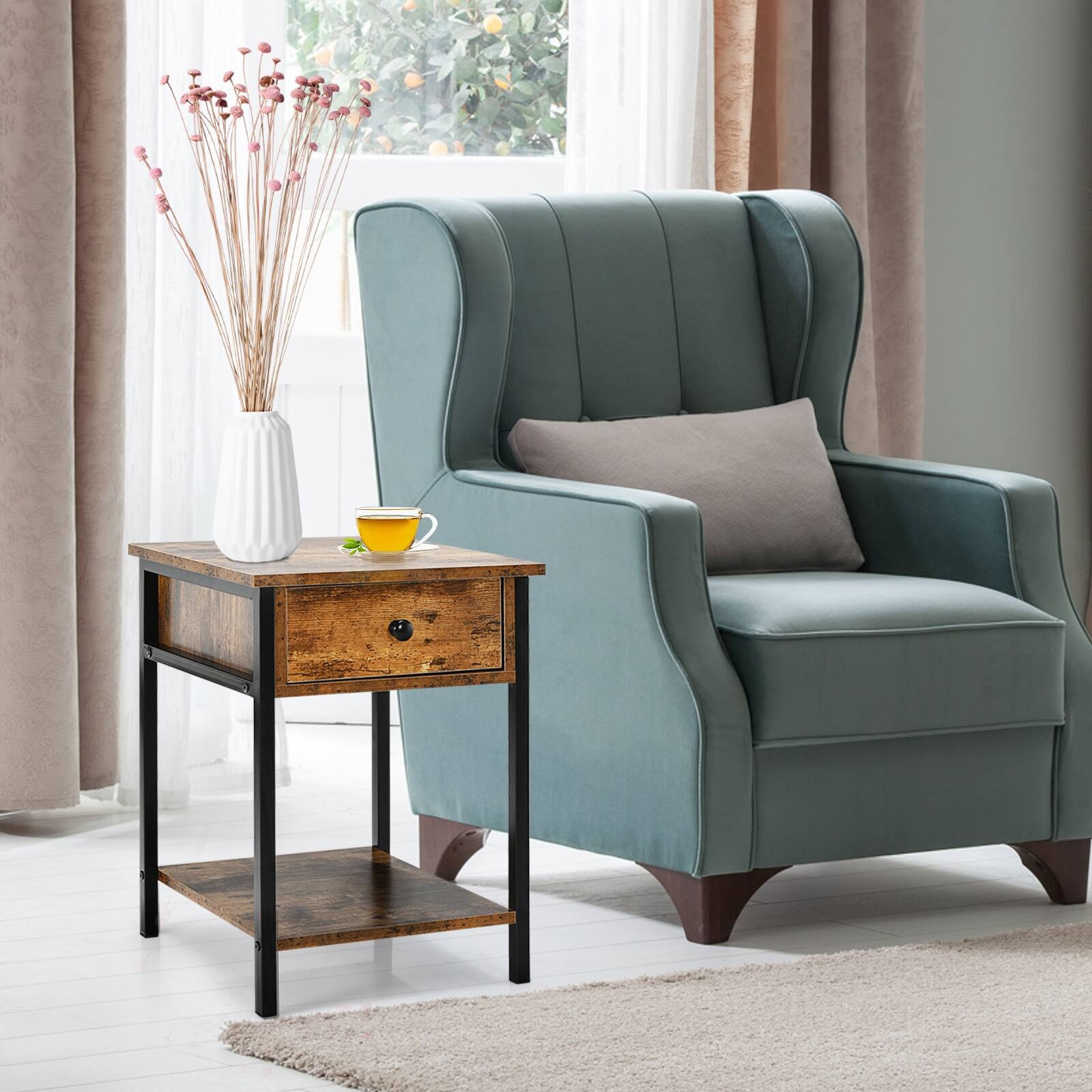 Alt View 8. Ecooso - Industrial Nightstand with Drawer and Shelf for Living Room and Bedroom - Brown.