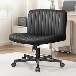 KERDOM - Armless Wide Seat PU leather Vanity Chair with Wheels, Mid Back Swivel Cross Legged Office Chair, Height Adjustable - Black