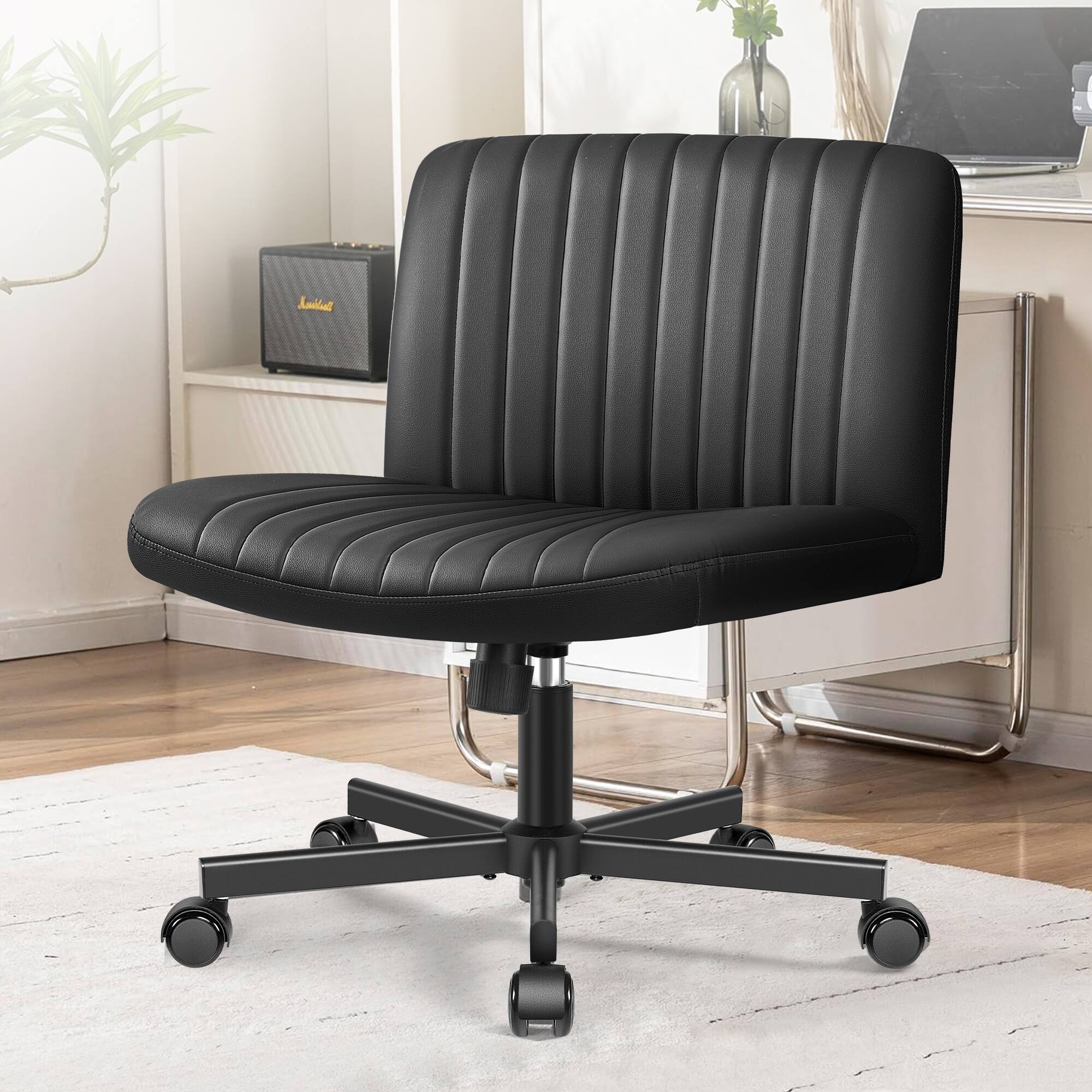 Front. KERDOM - Armless Wide Seat PU leather Vanity Chair with Wheels, Mid Back Swivel Cross Legged Office Chair, Height Adjustable - Black.
