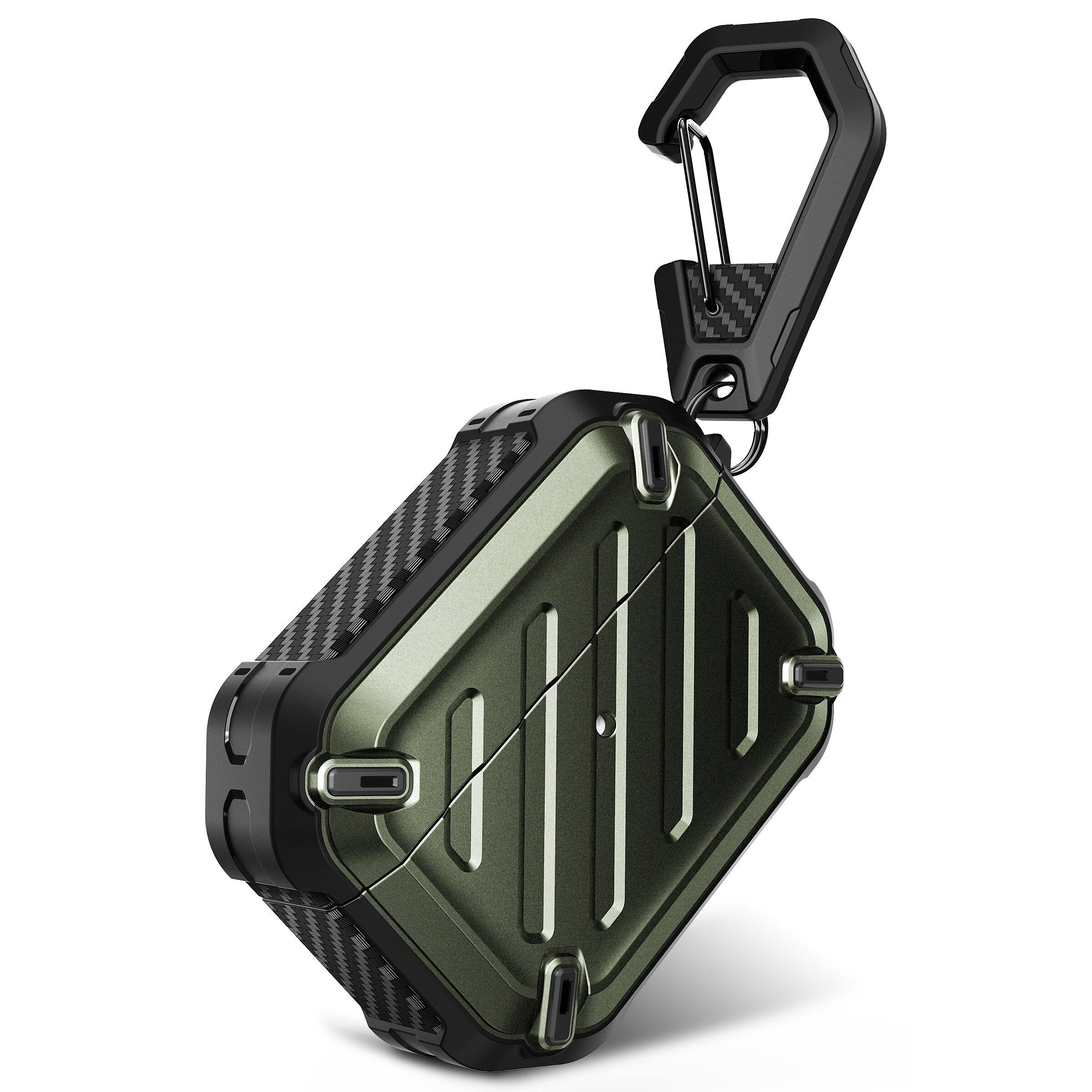 Angle. SUPCASE - Unicorn Beetle PRO Rugged Case for Apple AirPods Pro – Heavy-Duty Protective Shell with Carabiner Clip - Dark Green.