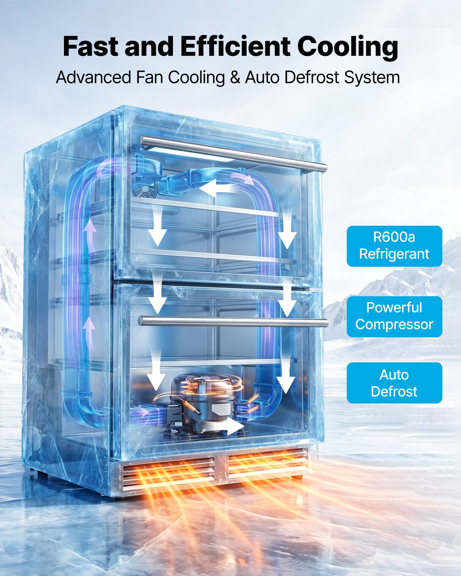 Fast and Efficient Cooling  
Advanced Fan Cooling & Auto Defrost System  
R600a Refrigerant  
Powerful Compressor  
Auto Defrost