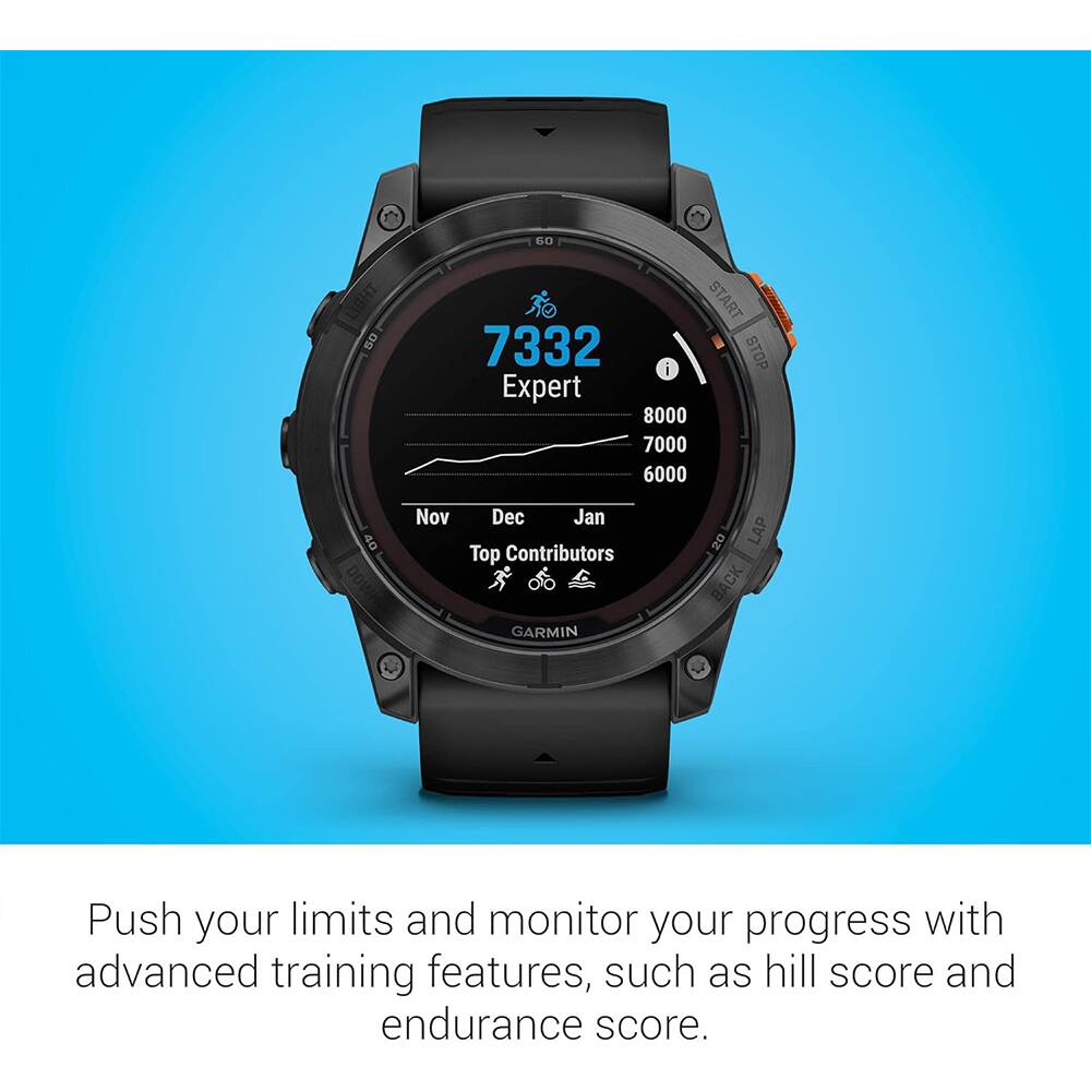 S LIGHT 50  
START 7332 STOP  
i Expert 8000 7000 6000 40  
DOW Nov Dec Jan  
Top Contributors  
GARMIN 20 LAP BACK  

Push your limits and monitor your progress with advanced training features, such as hill score and endurance score.