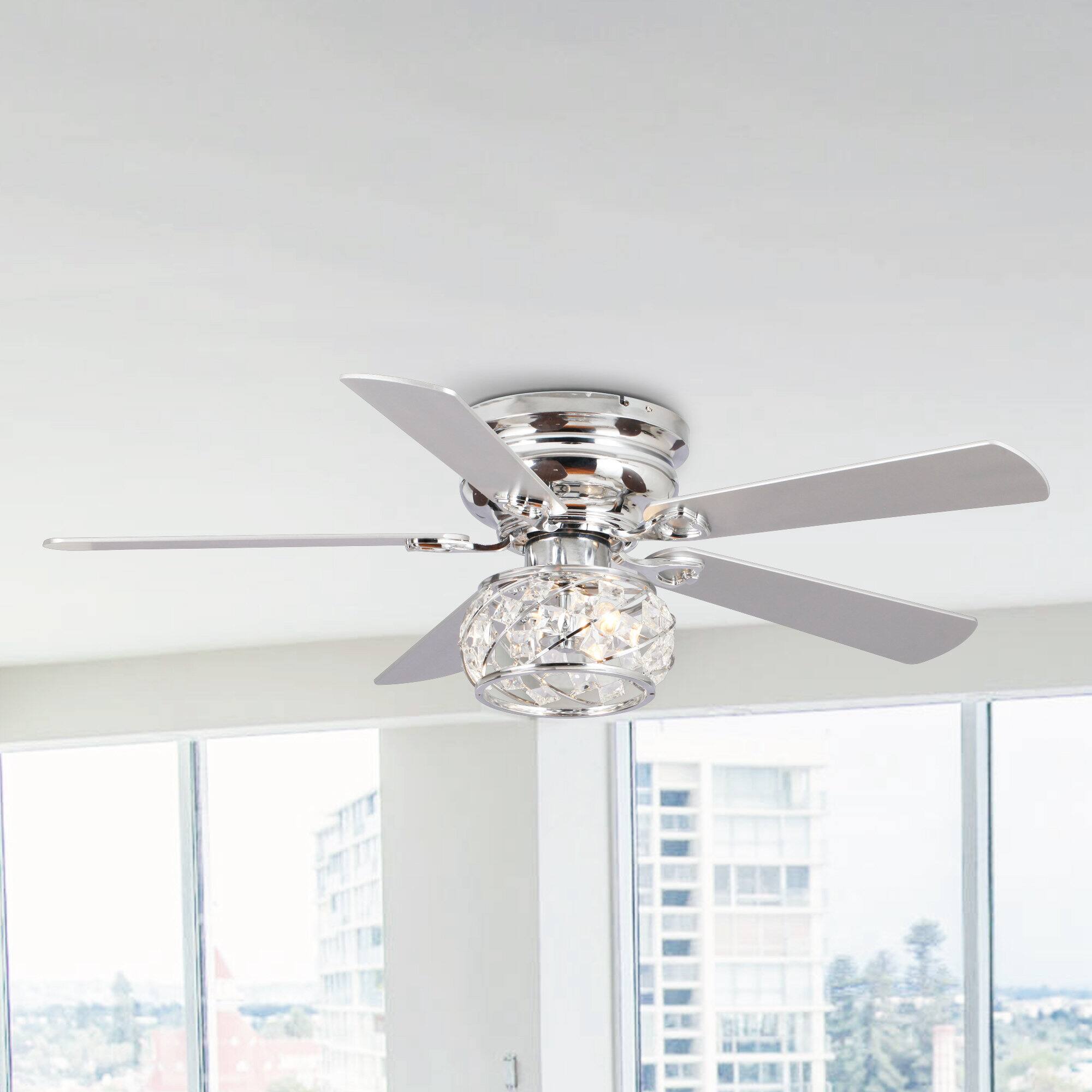 Angle. Parrot Uncle - 48" Chrome Modern 5-Blade Crystal Flush Mount Ceiling Fan with Remote - Chrome.
